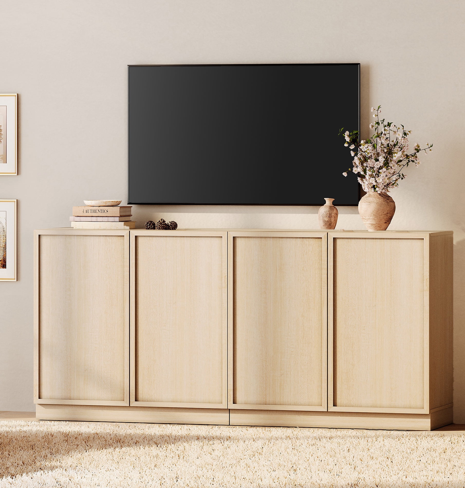 WAMPAT Modern TV Stand for TVs Up to 70", 2-in-1 Entertainment Center TV Console with 4 Doors and Adjustable Shelf, Wooden Media Console Cabinet for Living Room, Bedroom, Beige