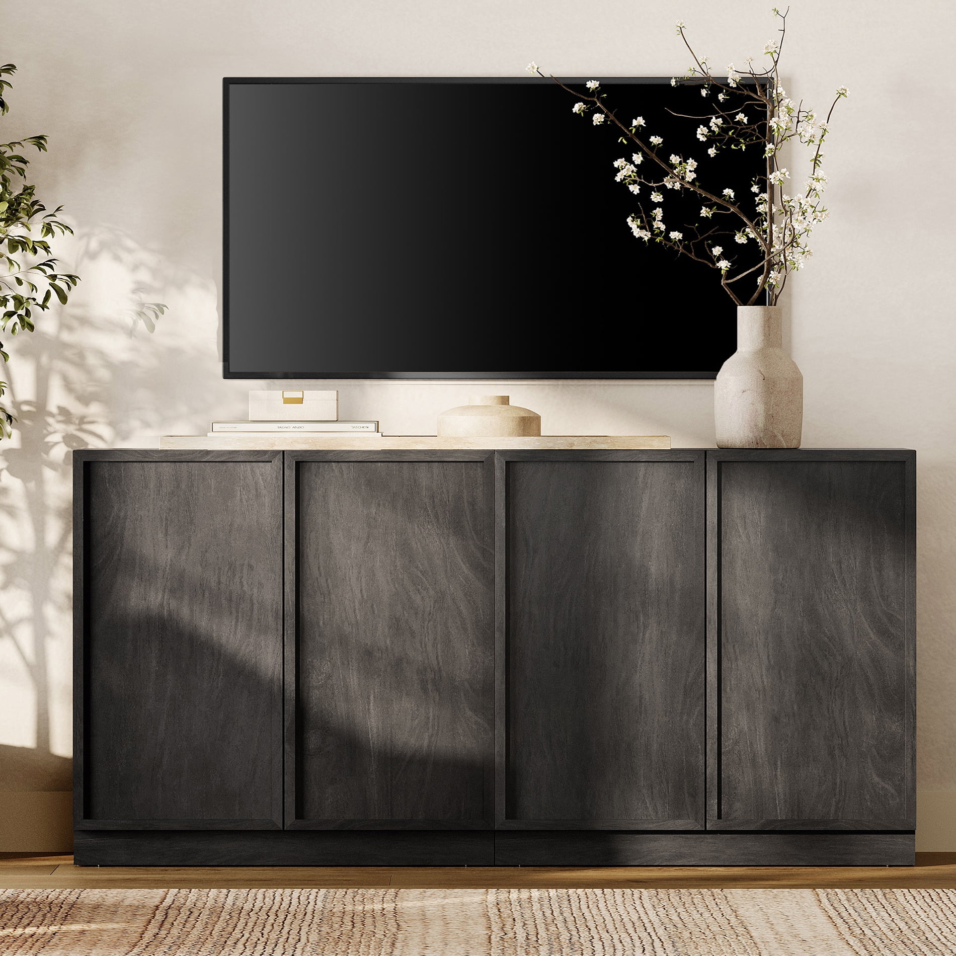 WAMPAT Modern TV Stand for TVs Up to 70", 2-in-1 Entertainment Center TV Console with 4 Doors and Adjustable Shelf, Wooden Media Console Cabinet for Living Room, Bedroom, Black
