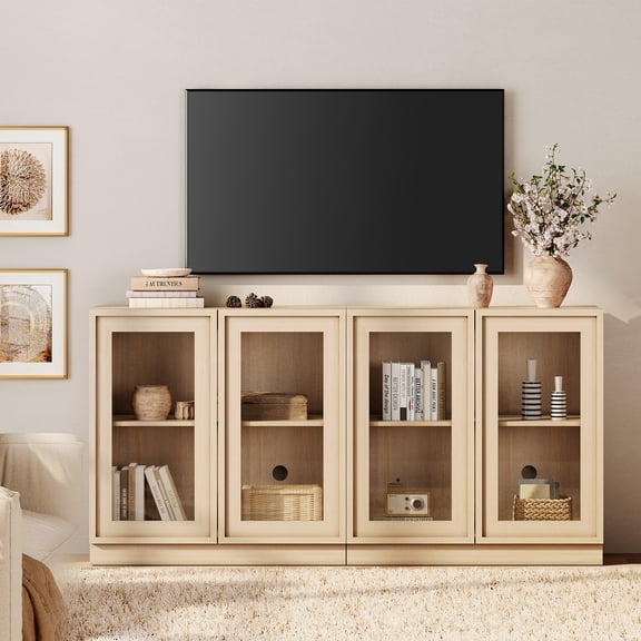 WAMPAT Modern TV Stand for TVs Up to 70", 2-in-1 Entertainment Center TV Console with 4 Glass Doors and Adjustable Shelf, Wooden Media Console Cabinet for Living Room, Bedroom, Beige