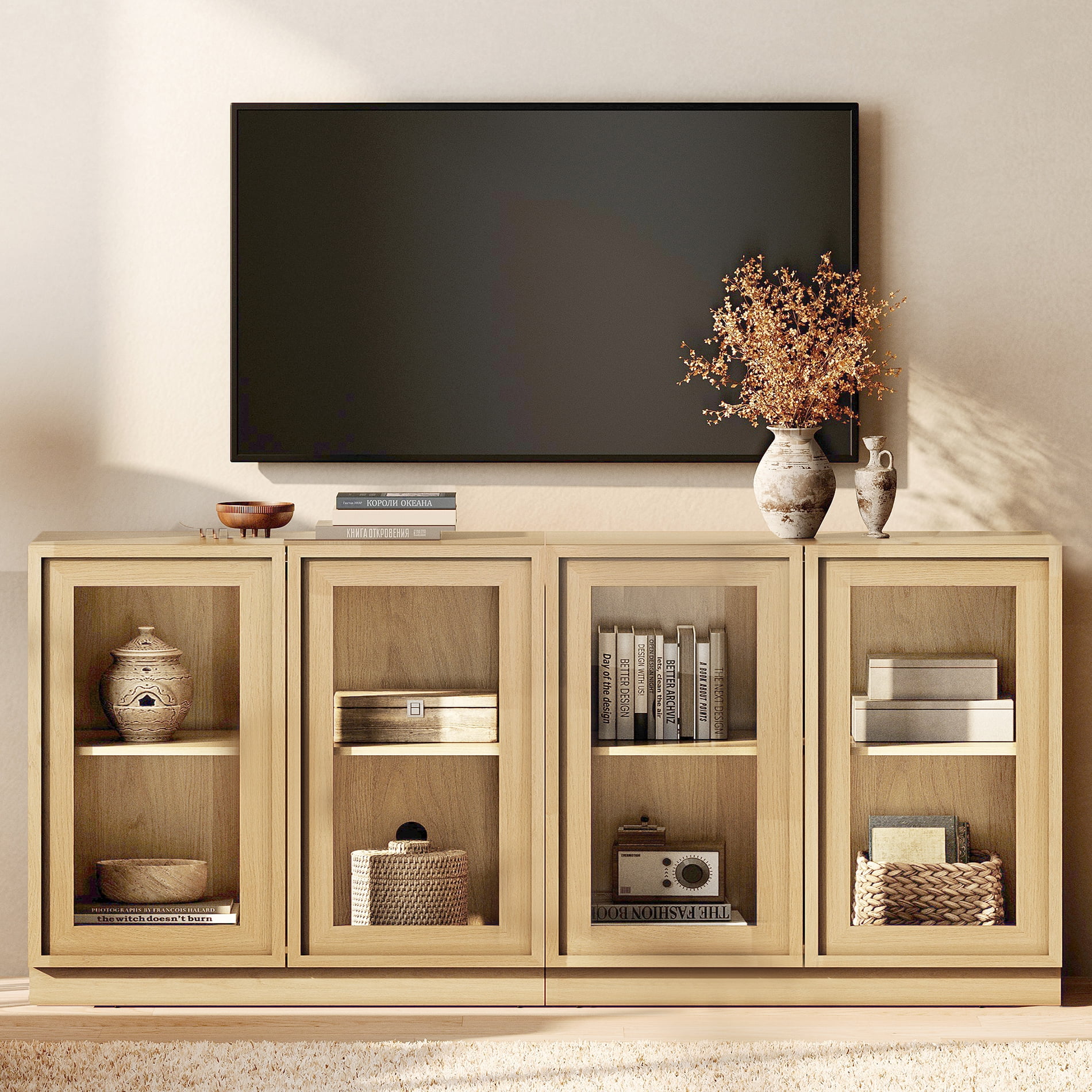 WAMPAT Modern TV Stand for TVs Up to 70", 2-in-1 Entertainment Center TV Console with 4 Glass Doors and Adjustable Shelf, Wooden Media Console Cabinet for Living Room, Bedroom, Oak