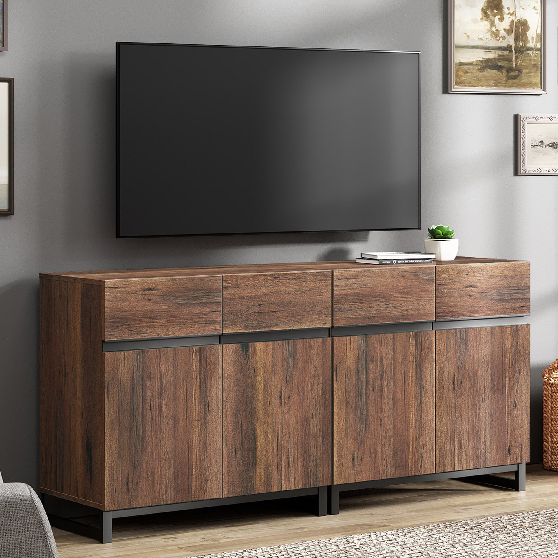 WAMPAT Modern TV Stand for TVs up to 70 inch, 2 in 1 Entertainment Center TV Console with Adjustable Shelves and Metal Base for Living Room,Bedroom,Brown