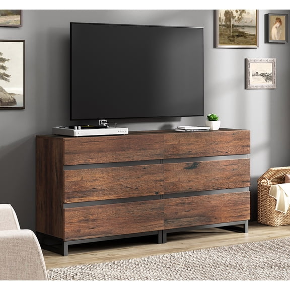 WAMPAT Modern TV Stand for TVs up to 70 inch, Entertainment Center TV Console Table with 6 Drawers and Metal Base, Media Console for Living Room, Bedroom,Brown