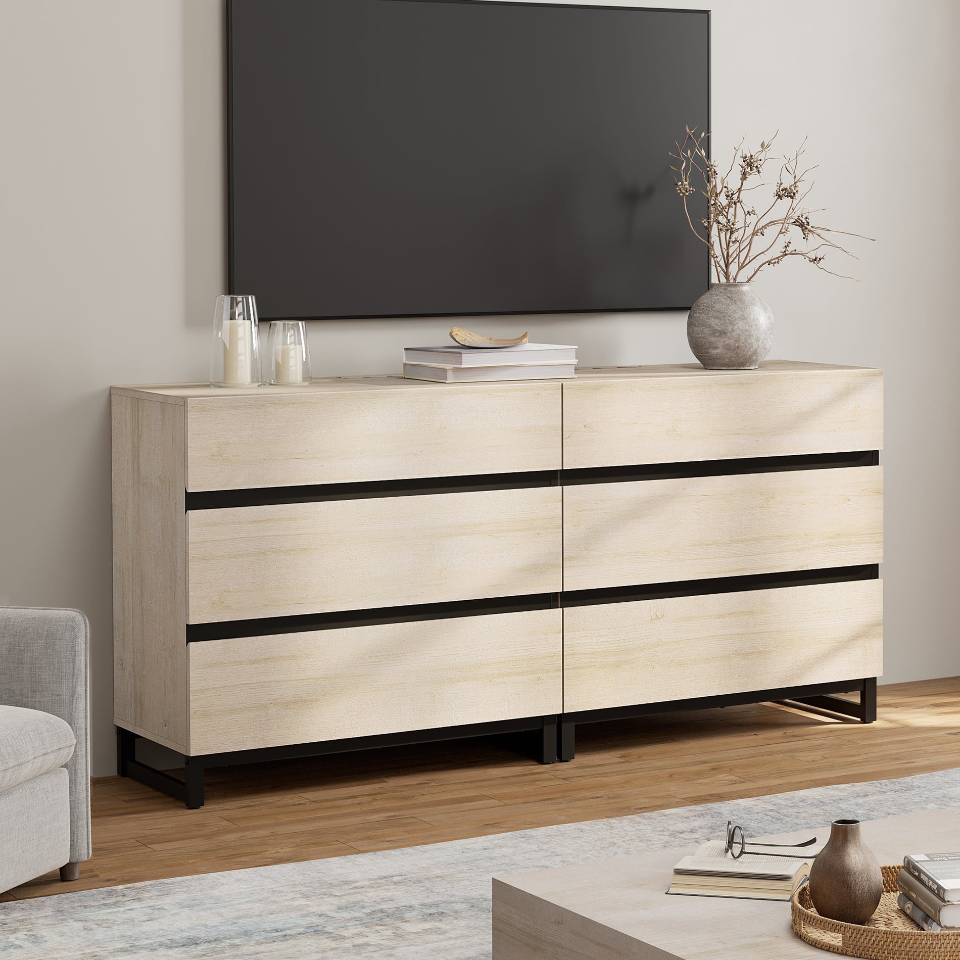 WAMPAT Modern TV Stand for TVs up to 70 inch, Entertainment Center TV Console Table with 6 Drawers and Metal Base, Media Console for Living Room, Bedroom, Light Oak