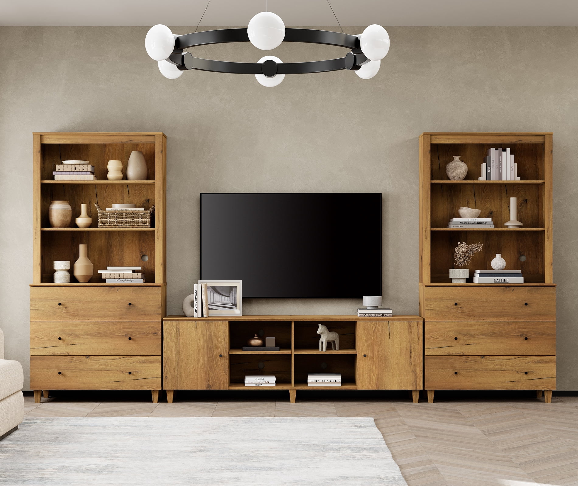 WAMPAT Modern TV Stand and Bookcase Set with Drawers & Cabinets, Oak Brown