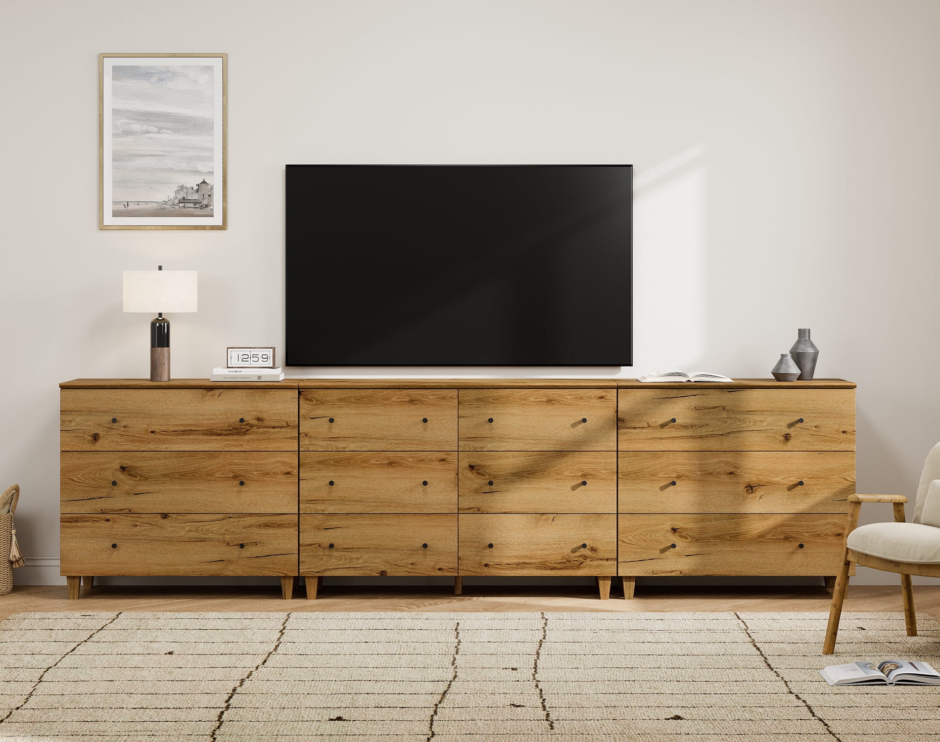 WAMPAT Modern TV Stand for 100+ Inches TVs, 3-in-1 Large Wooden Media Console with 12 Spacious Drawers for Living Room, Beige