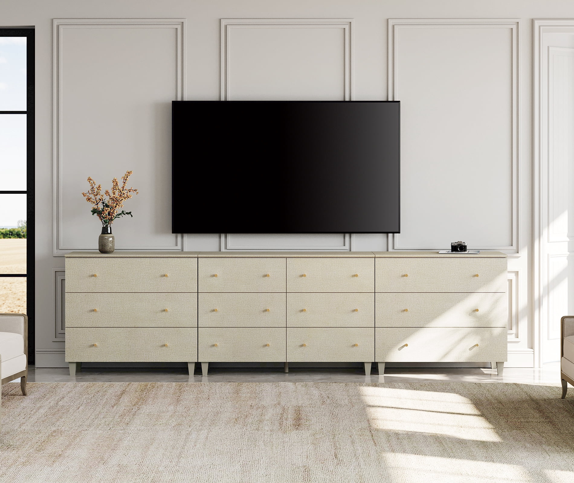 WAMPAT Modern TV Stand for 100+ Inches TVs, 3-in-1 Large Wooden Media Console with 12 Spacious Drawers for Living Room, Beige