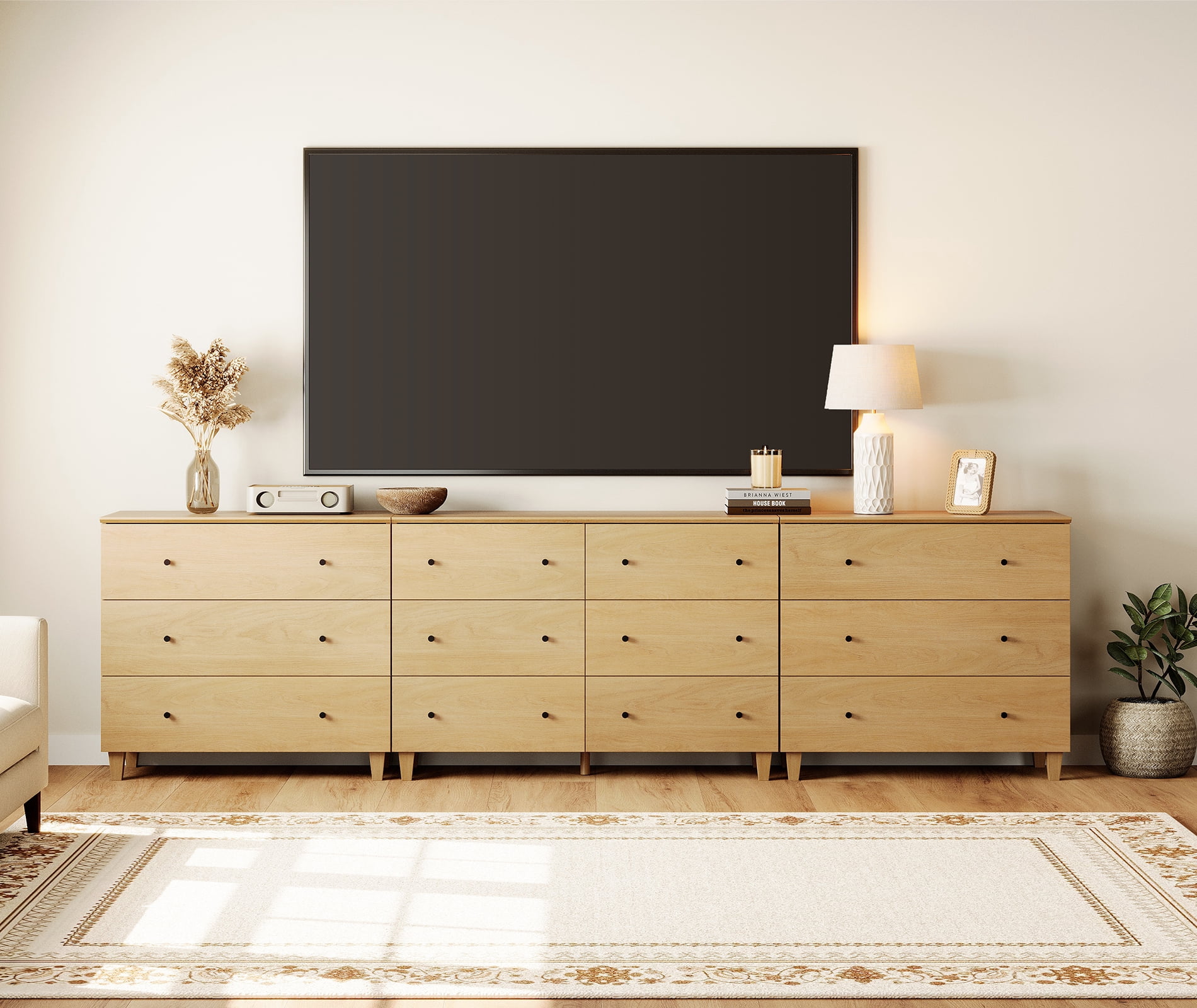 WAMPAT Modern TV Stand for 100+ Inches TVs, 3-in-1 Large Wooden Media Console with 12 Spacious Drawers for Living Room, Beige