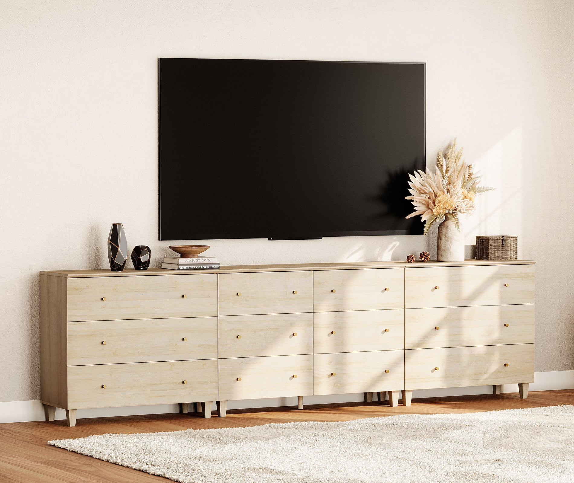 WAMPAT Modern TV Stand for 100+ Inches TVs, 3-in-1 Large Wooden Media Console with 12 Spacious Drawers for Living Room, Beige