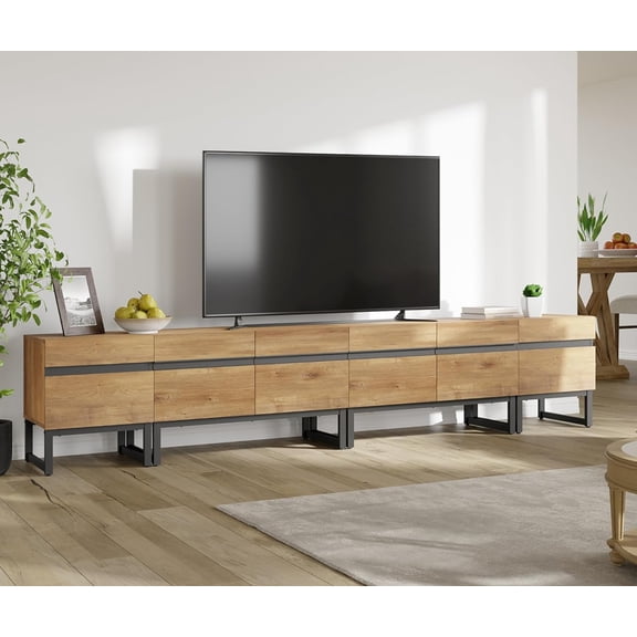 WAMPAT Modern TV Stand for 110 inch TVs, 3 in 1 Entertainment Center with Storage Cabinets and Metal Base, Living Room Media Console, Oak, 106''