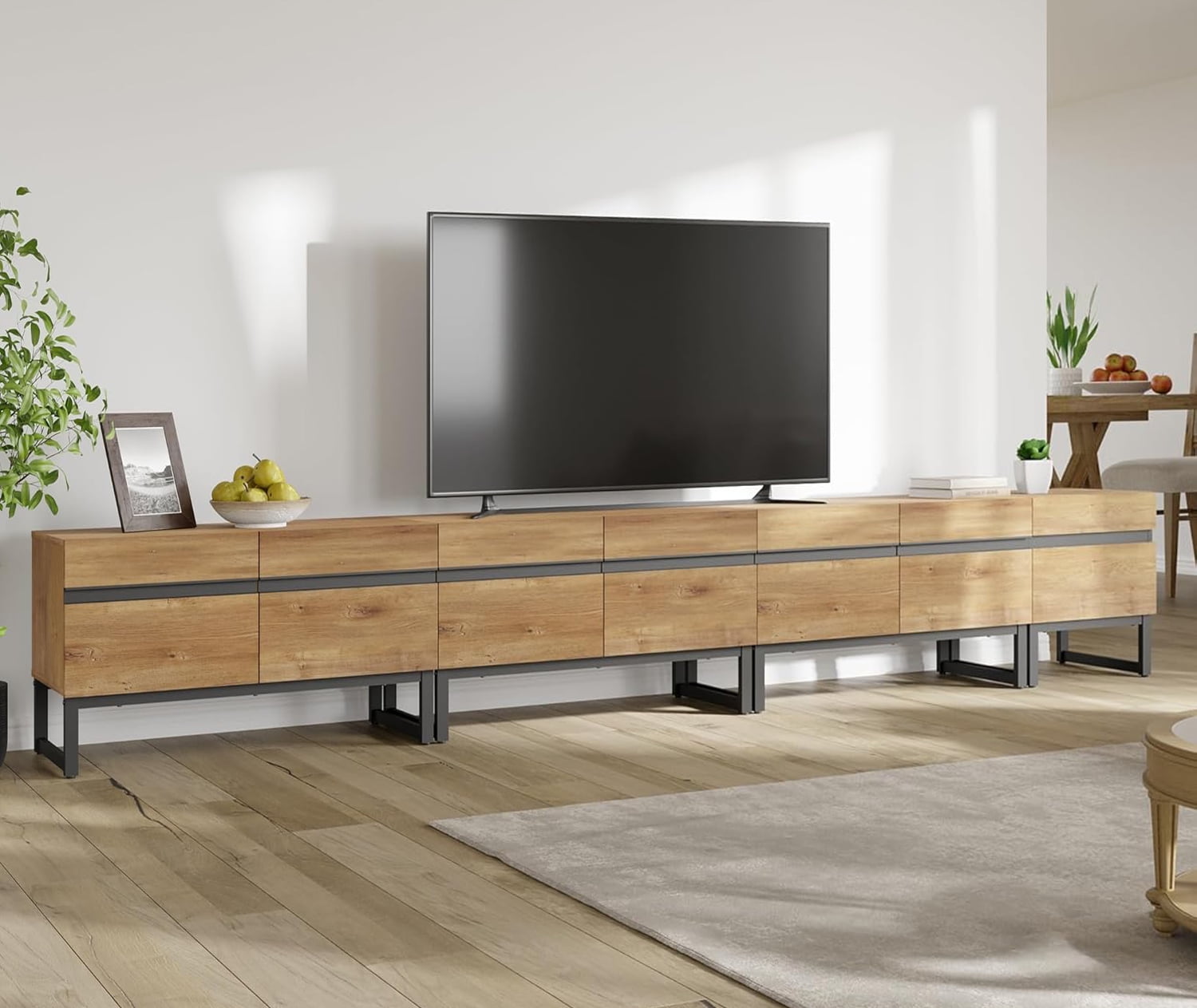 WAMPAT Modern TV Stand for 110 inch TVs, 4 in 1 Entertainment Center with Storage Cabinets and Metal Base, Living Room Media Console, Oak, 124''