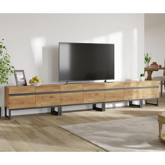 WAMPAT Modern TV Stand for 110 inch TVs, 4 in 1 Entertainment Center with Storage Cabinets and Metal Base, Living Room Media Console, Oak, 124''