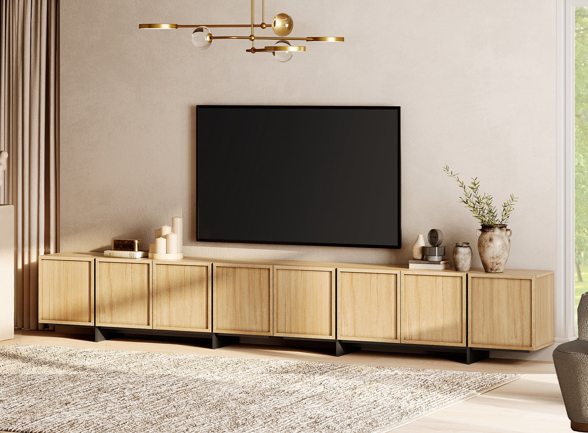 WAMPAT Modern TV Stand for 32-110 inch TVs, Wood Entertainment Center with Storage Cabinets, Media TV Console Table for Living Room, Oak