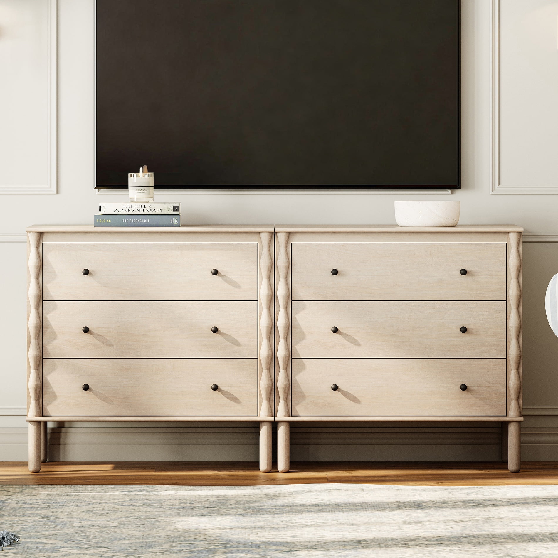 WAMPAT Modern TV Stand for 65" TV, Console Table with Solid Wood Legs for Living Room，Natural