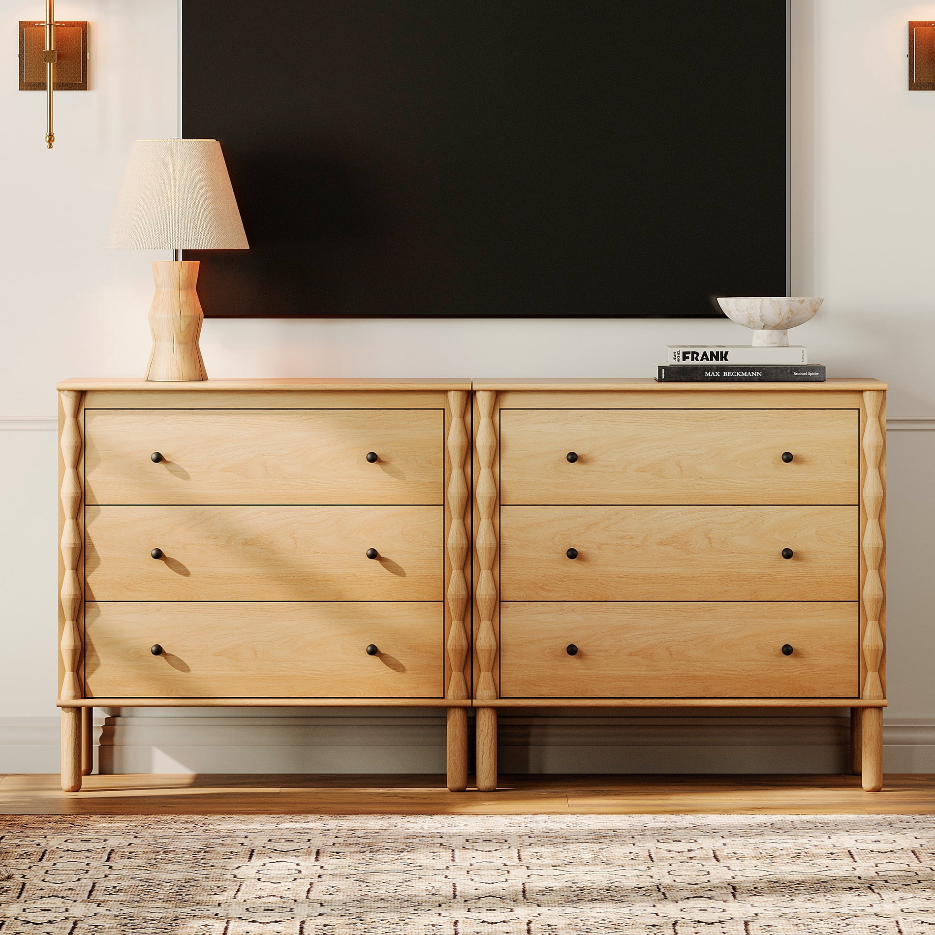 WAMPAT Modern TV Stand for 65" TV, Console Table with Solid Wood Legs for Living Room，Oak