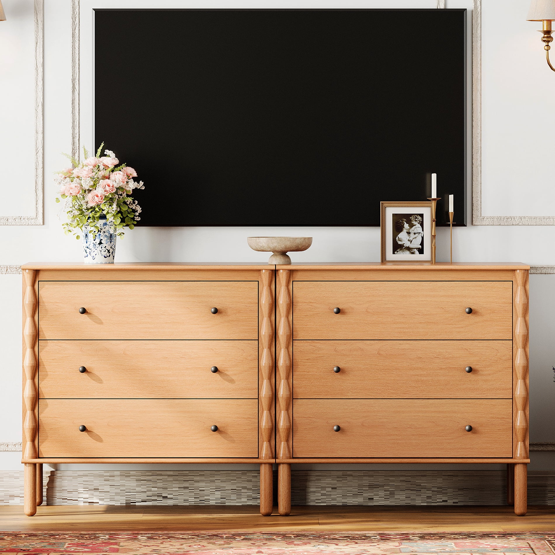 WAMPAT Modern TV Stand for 65" TV, Console Table with Solid Wood Legs for Living Room，Walnut