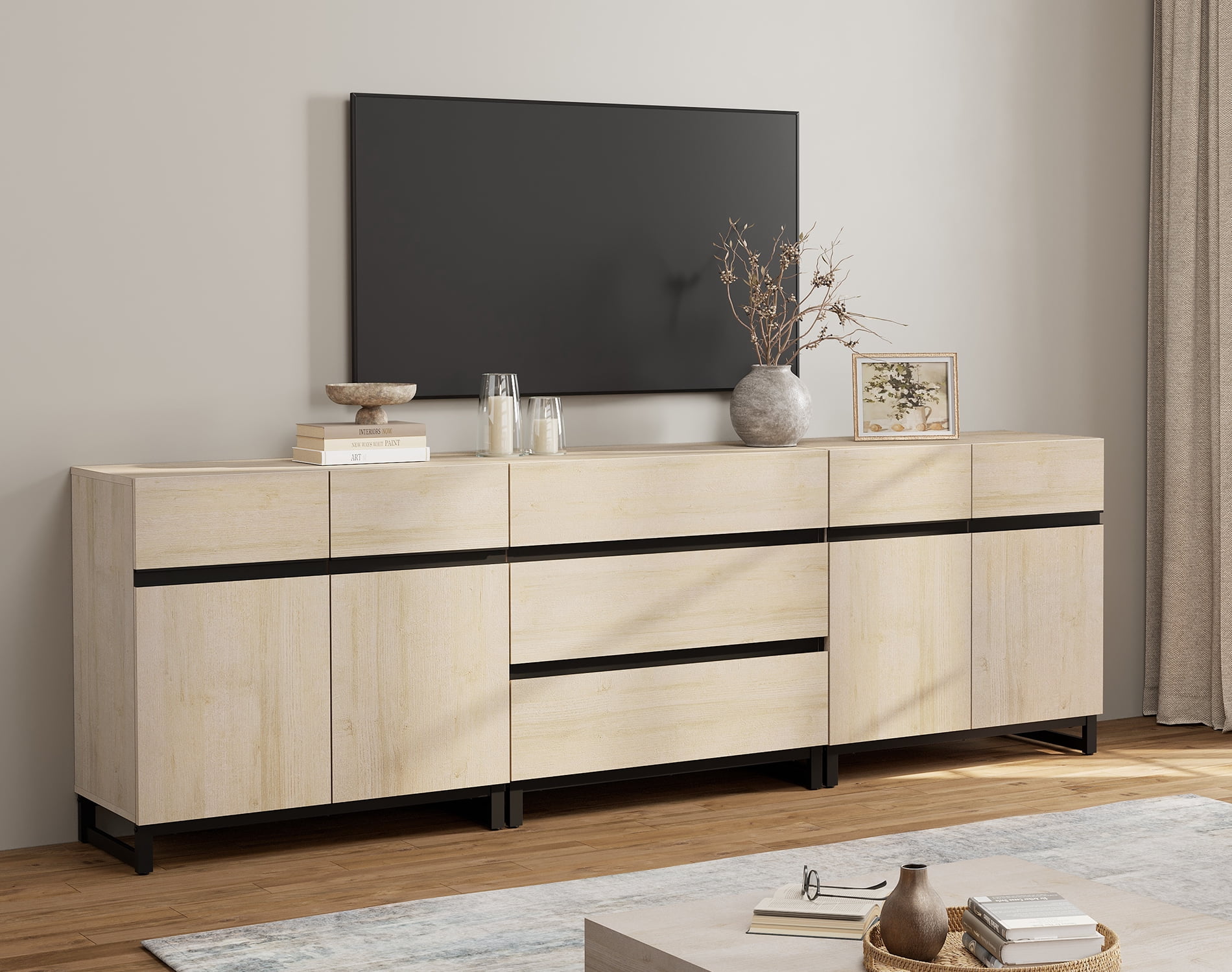 WAMPAT Modern TV Stand for TVs up to 100 inch, 3 in 1 TV Console with Adjustable Shelves and 3 Drawers, Media Console for Living Room,Bedroom, Beige