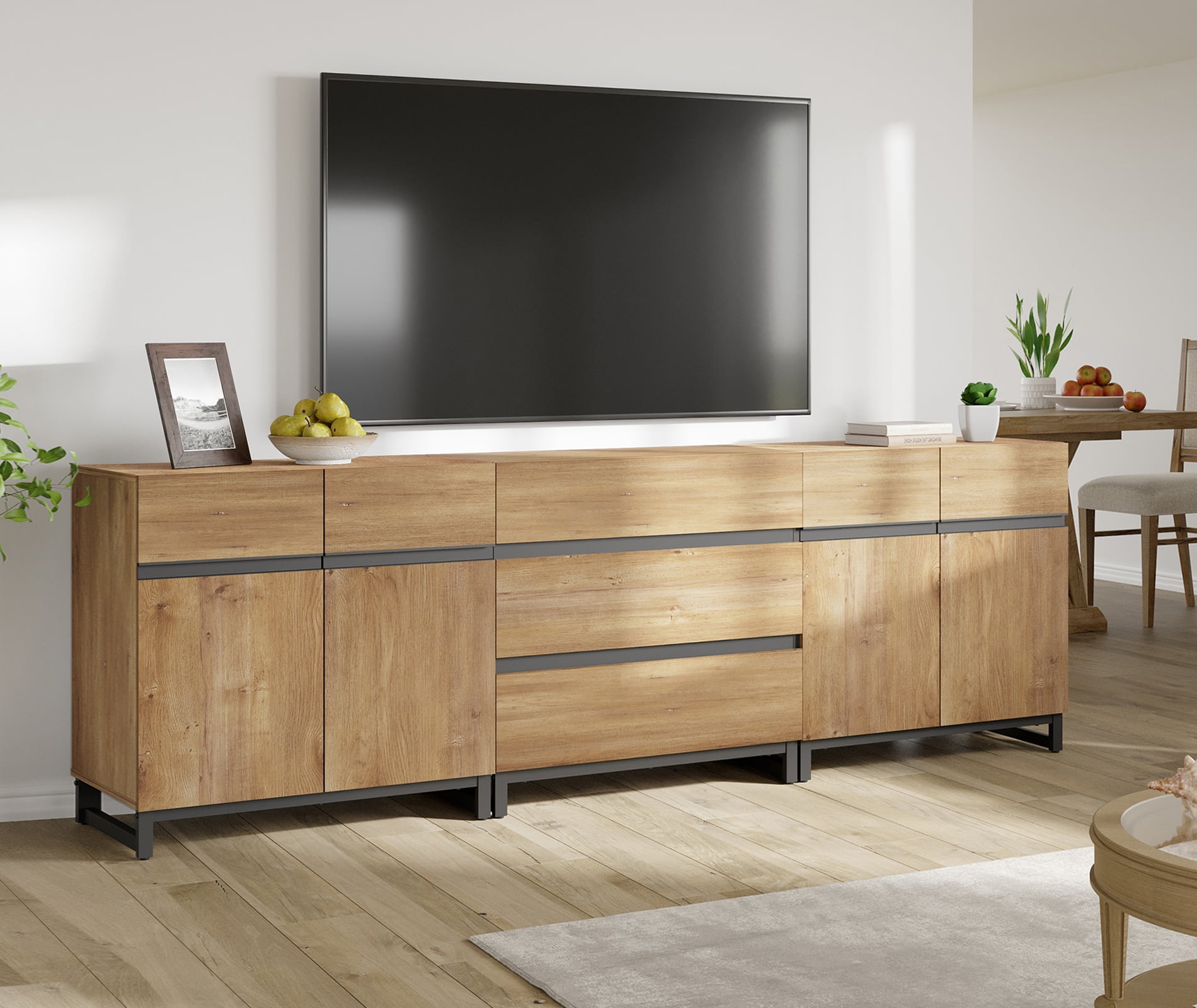 WAMPAT Modern TV Stand for TVs up to 100 inch, 3 in 1 TV Console with Adjustable Shelves and 3 Drawers, Media Console for Living Room,Bedroom, Oak