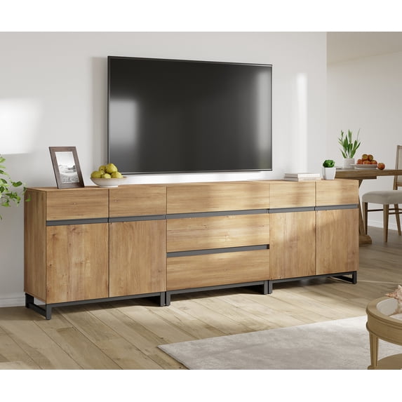 WAMPAT Modern TV Stand for TVs up to 100 inch, 3 in 1 TV Console with Adjustable Shelves and 3 Drawers, Media Console for Living Room,Bedroom, Oak