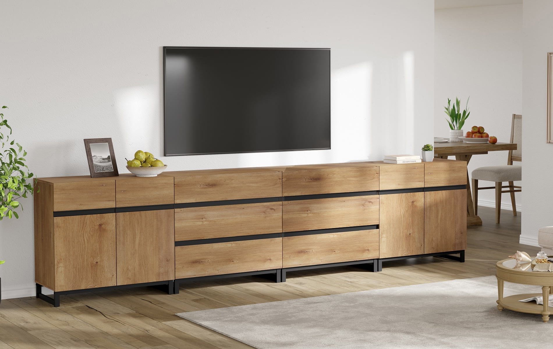 WAMPAT Modern TV Stand for TVs up to 120 inch, 4 in 1 TV Console with Adjustable Shelves and 6 Drawers, Media Console for Living Room,Bedroom, Oak