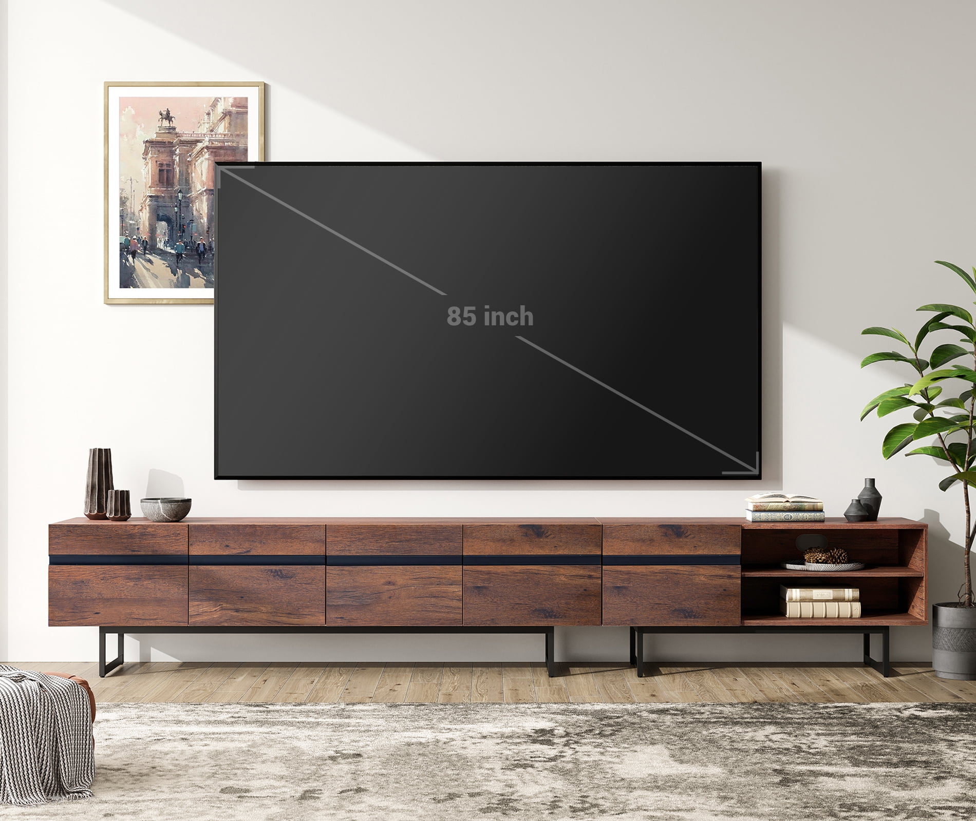 Walnut Brown Industrial TV Stand with Steel Legs and Storage