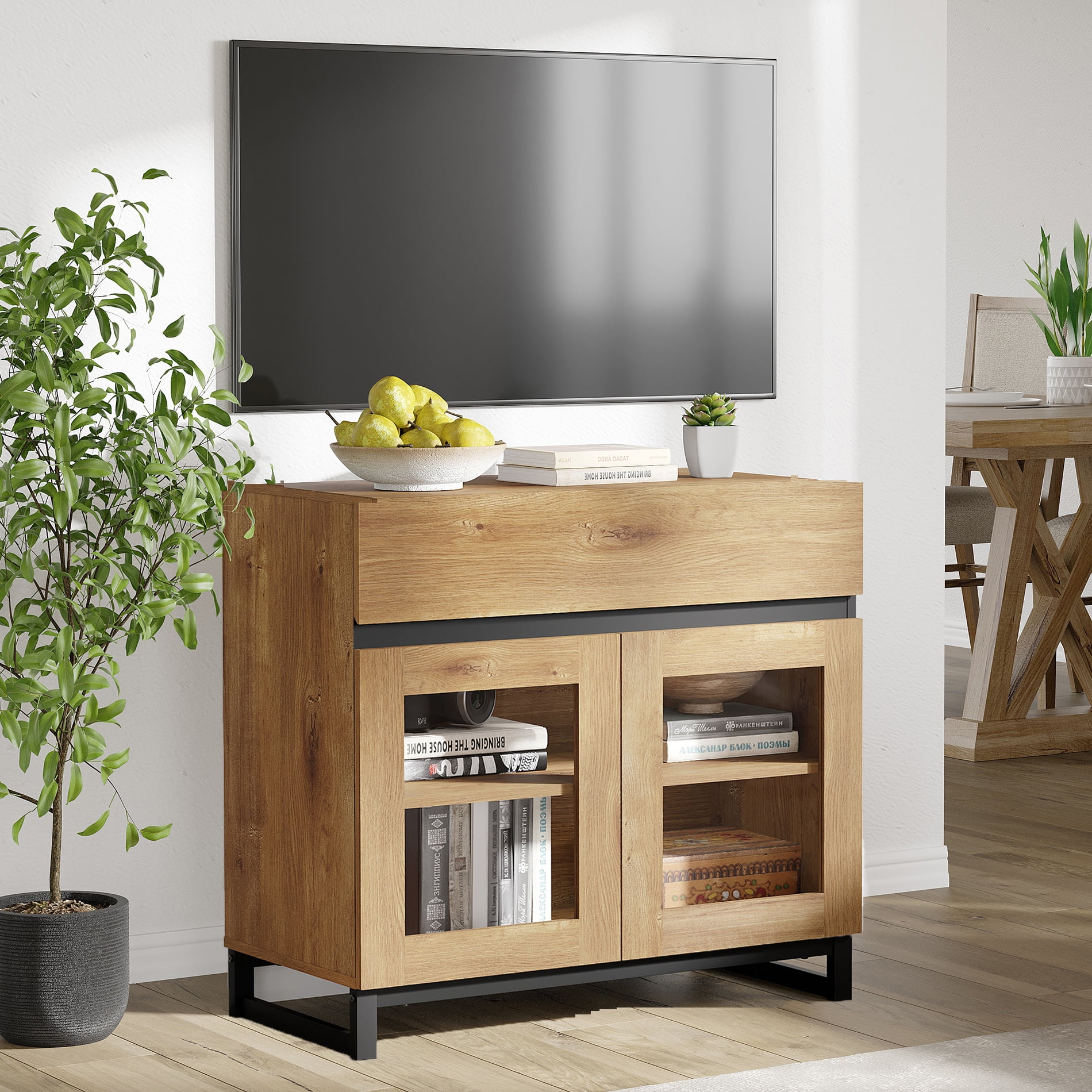 WAMPAT Modern TV Stand with Glass Door & 1 Drawer, Metal Base Entertainment Console for 32-40 Inch TVs, Media Console for Living Room & Bedroom