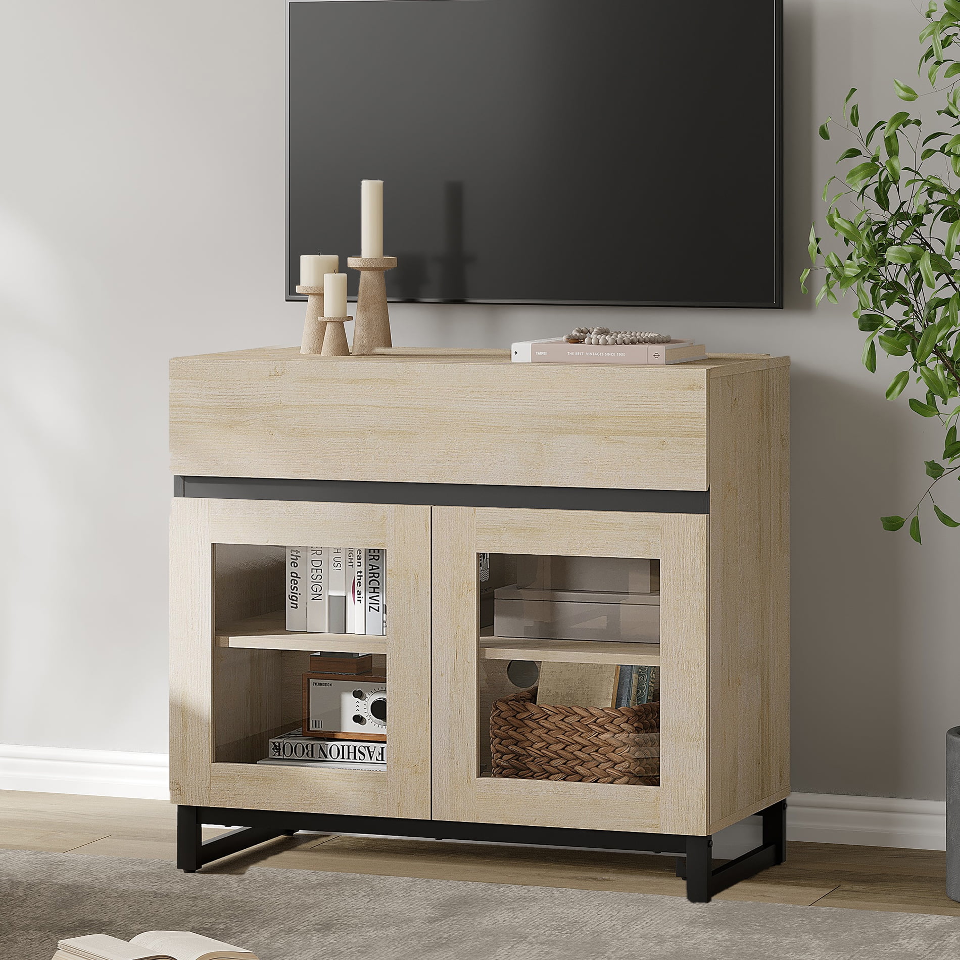 WAMPAT Modern TV Stand with Glass Door & 1 Drawer, Metal Base Entertainment Console for 32-40 Inch TVs, Media Console for Living Room & Bedroom