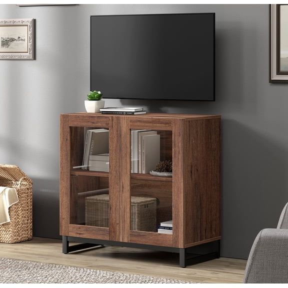 WAMPAT Modern TV Stand with Glass Doors for 32-40 inch TVs, Entertainment Center TV Console with Adjustable Shelves for Living Room, Bedroom, Brown