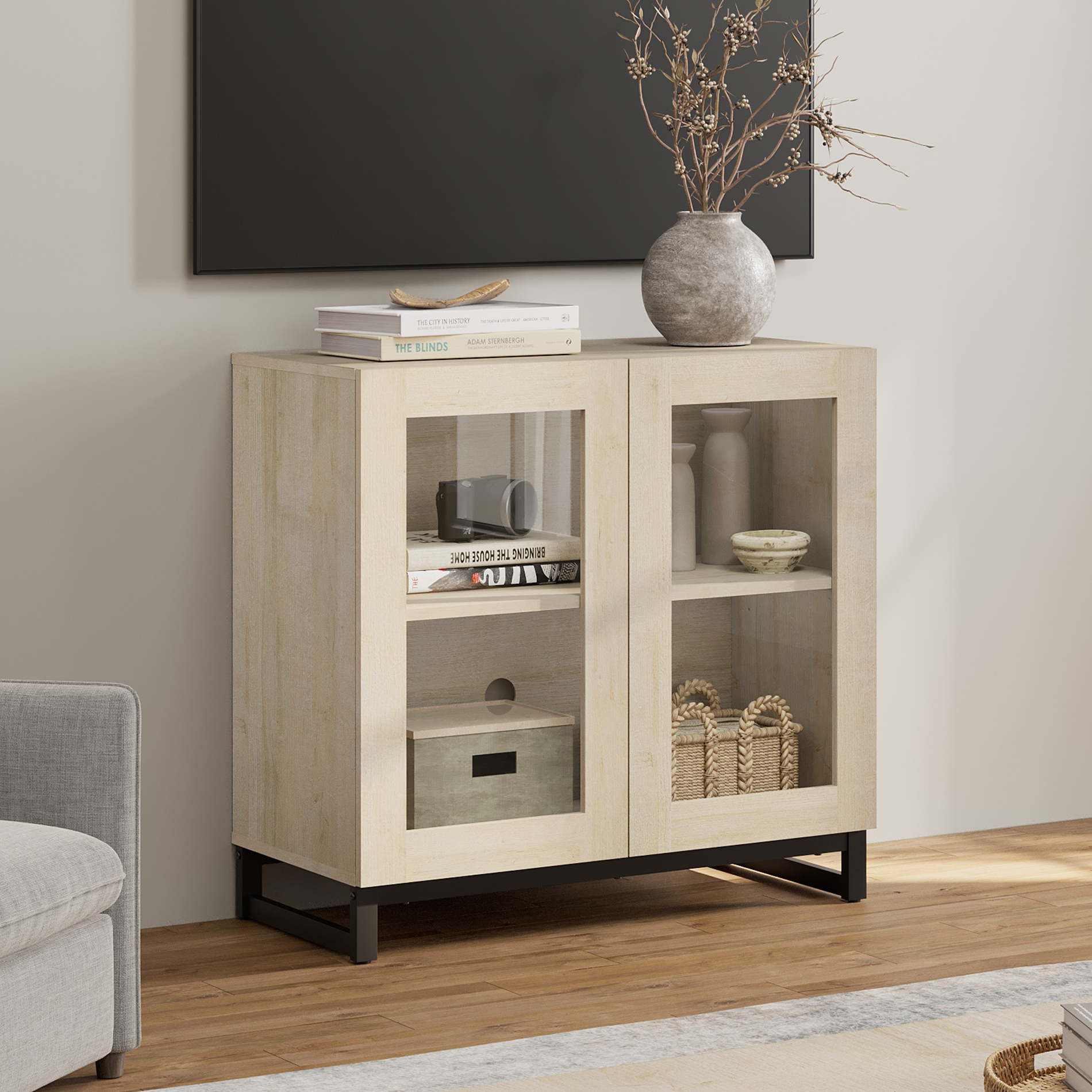 WAMPAT Modern TV Stand with Glass Doors, Fits 32-40 inch TVs, Entertainment Center Console with Adjustable Shelves, for Living Room & Bedroom,Brown