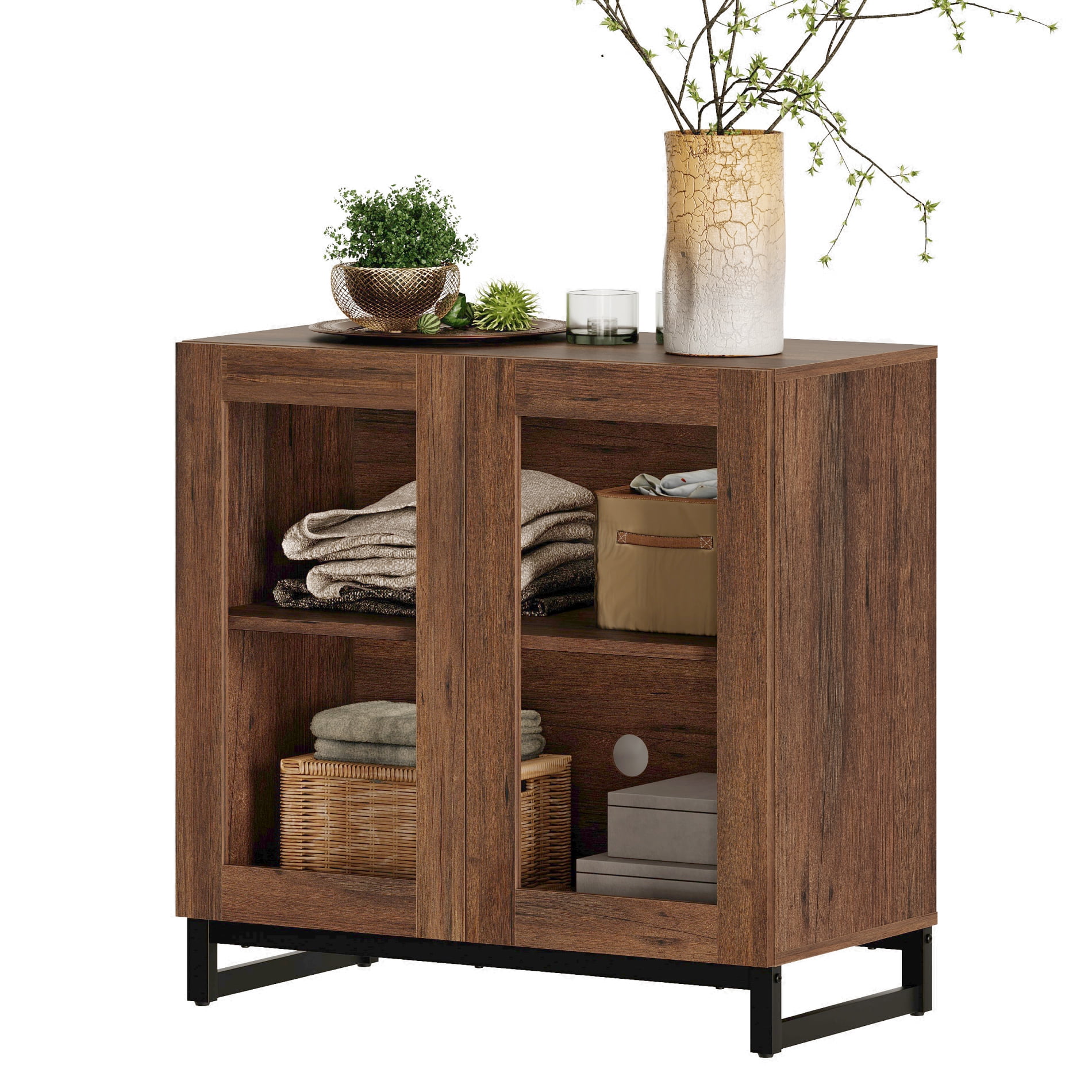 WAMPAT Modern TV Stand with Glass Doors, Fits 32-40 inch TVs, Entertainment Center Console with Adjustable Shelves, for Living Room & Bedroom,Brown