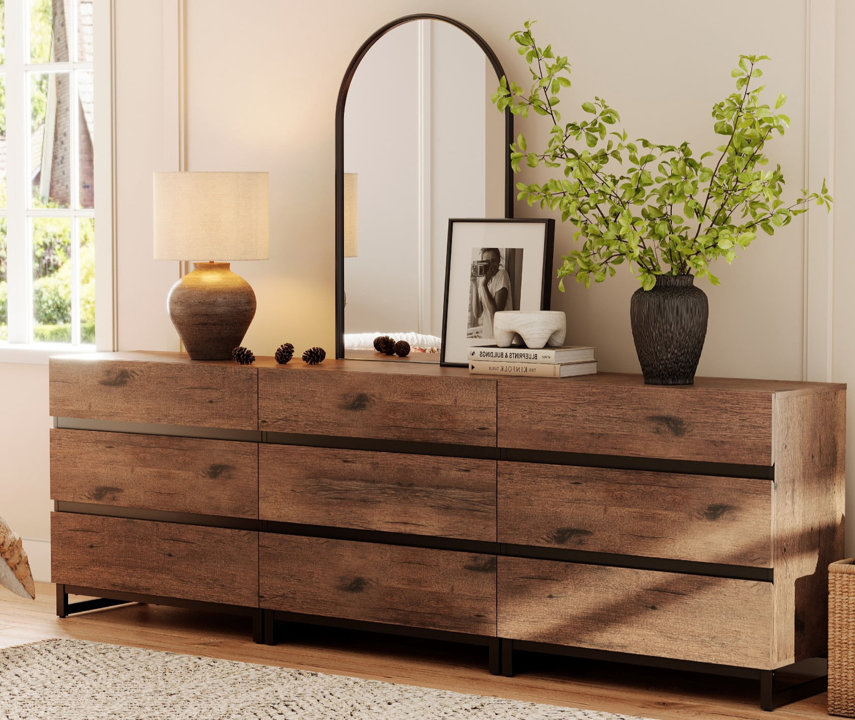 WAMPAT Modern Wood Dresser with 9 Drawers,Chest of Drawers with Metal Base,Closet Storage Organizer and Storage for Bedroom, Living Room, Brown