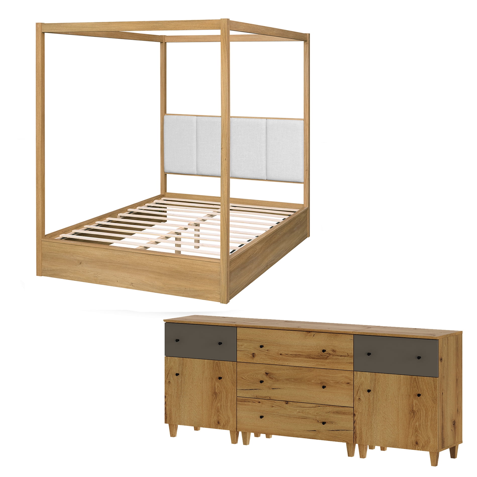 WAMPAT Modern Wooden Bedroom Furniture Set, Queen Size Canopy Bed Frame, 3-in-1 Spacious Dresser with 2 Storage Cabinets and 5 Drawers, Oak Brown