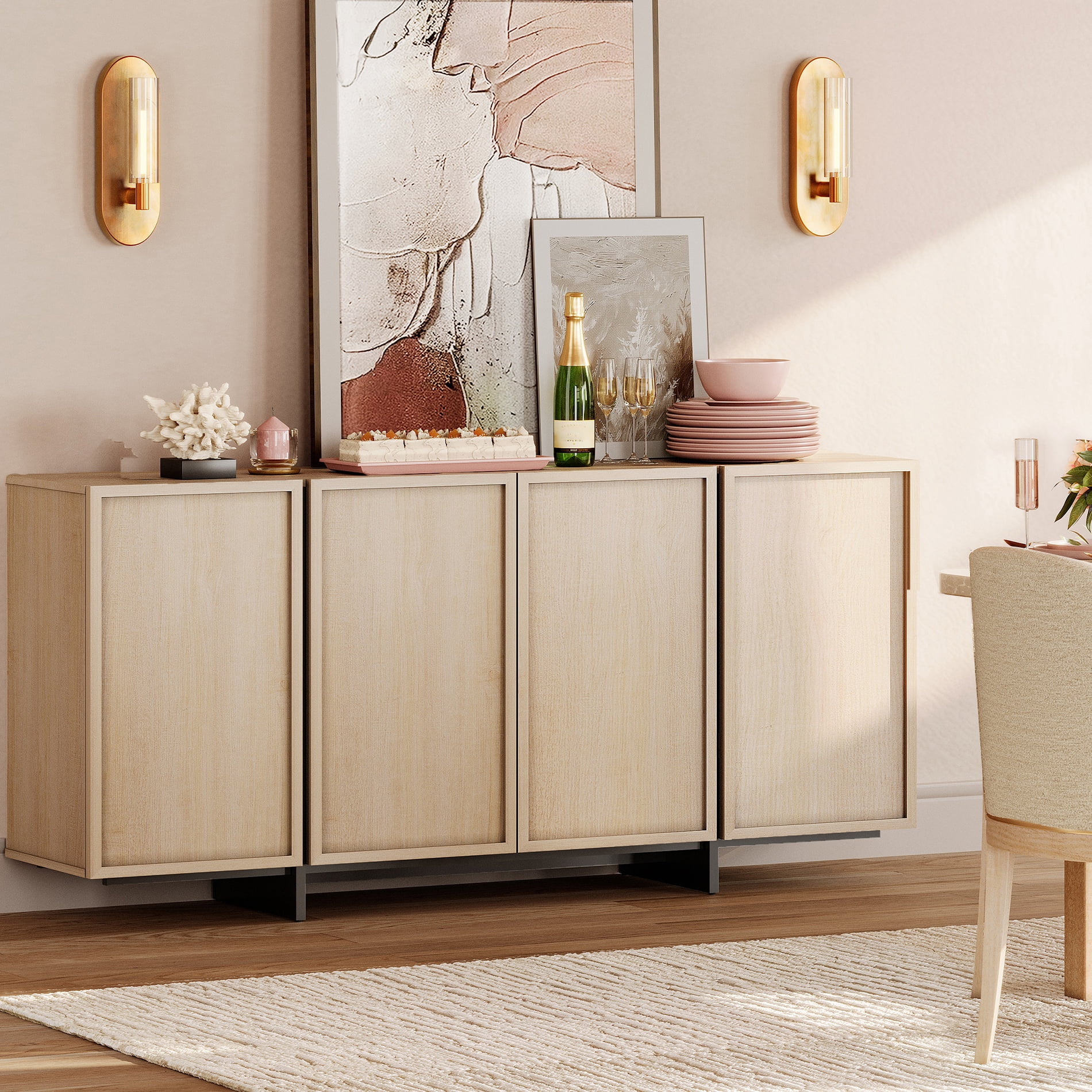 WAMPAT Multifunctional Sideboard Buffet Cabinet, Modern Storage Cabinet with 3 Large Storage Spaces, Coffee Bar Cabinet for Living Room and Kitchen, Light Oak