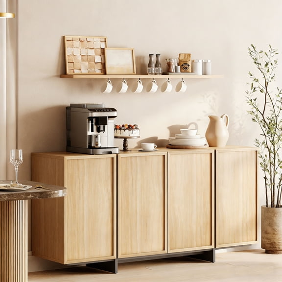 WAMPAT Multifunctional Sideboard Buffet Cabinet, Modern Storage Cabinet with 3 Large Storage Spaces, Coffee Bar Cabinet for Living Room and Kitchen, Oak