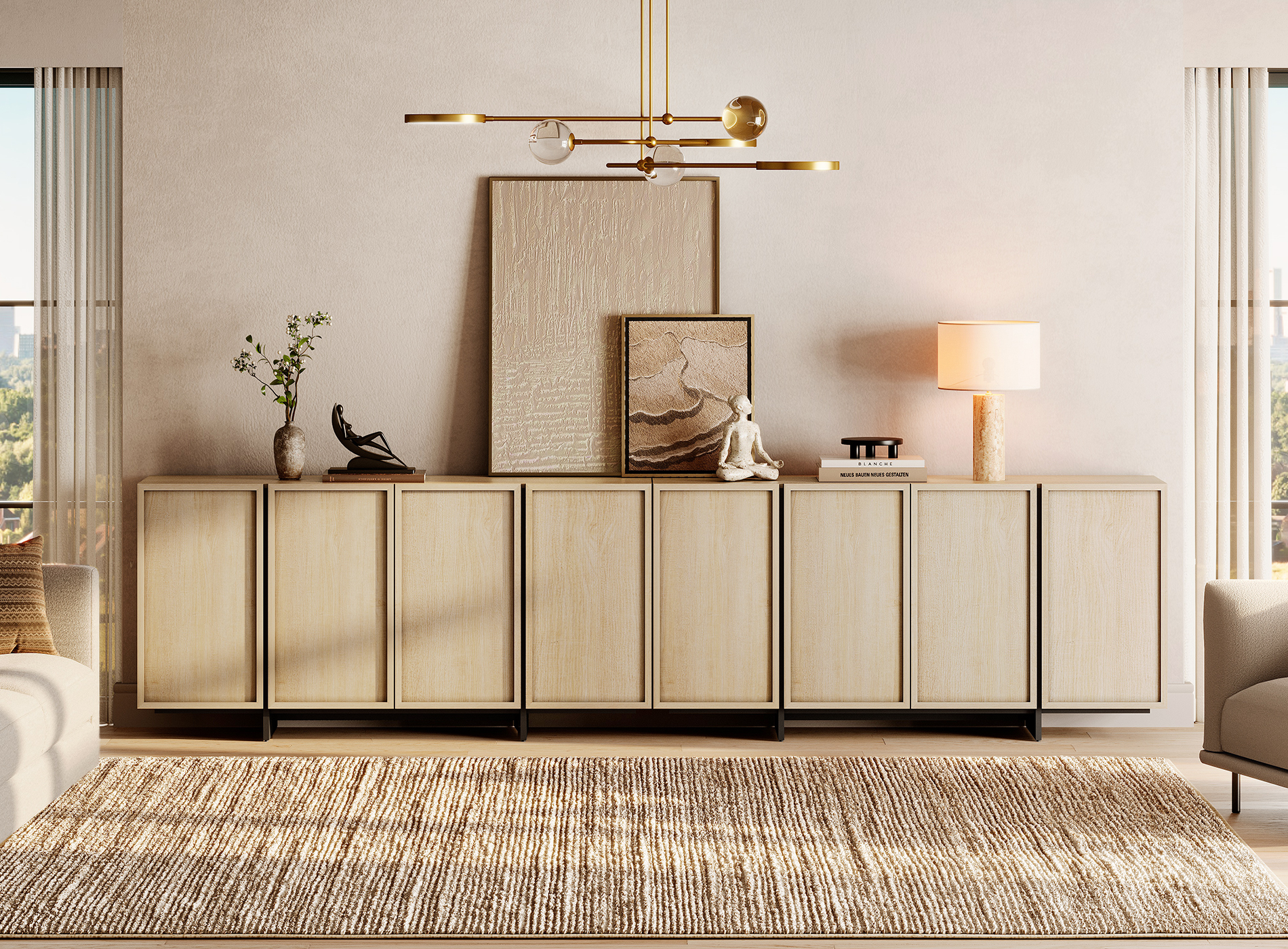 WAMPAT Multifunctional Sideboard Buffet Cabinets, Modern Sideboard with 2 Large Storage Cabinet and Metal Legs, Coffee Bar Storage Cabinet for Living Room, Kitchen, Light Oak