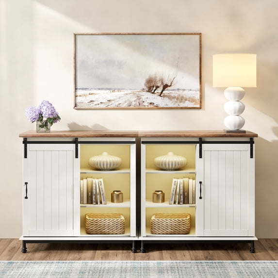 WAMPAT Multifunctional Storage Cabinet with Sliding Barn Door,LED Decorative Farmhouse Buffet Cabinet Coffee Bar Cabinet Accent Cabinet Entryway Storage Table for Living Room,Kitchen,70'',Cream White