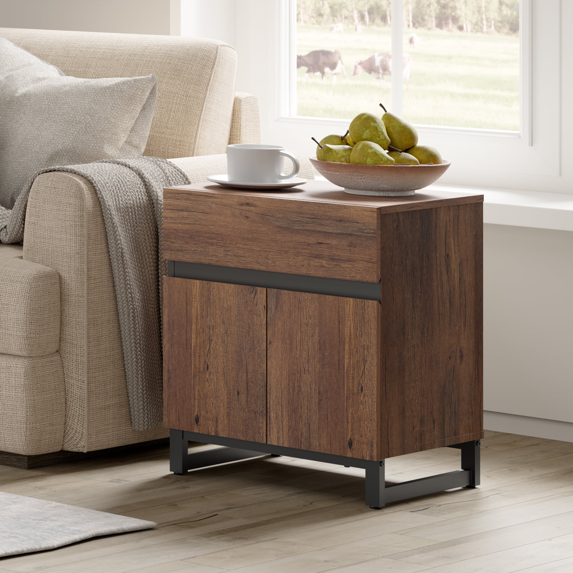 WAMPAT Nightstand with 1 Drawer & 1 Storage Cabinet, Modern Bedside Table with 2 Open Door for Bedroom, Wood Rustic Side End Table for Living Room,Brown