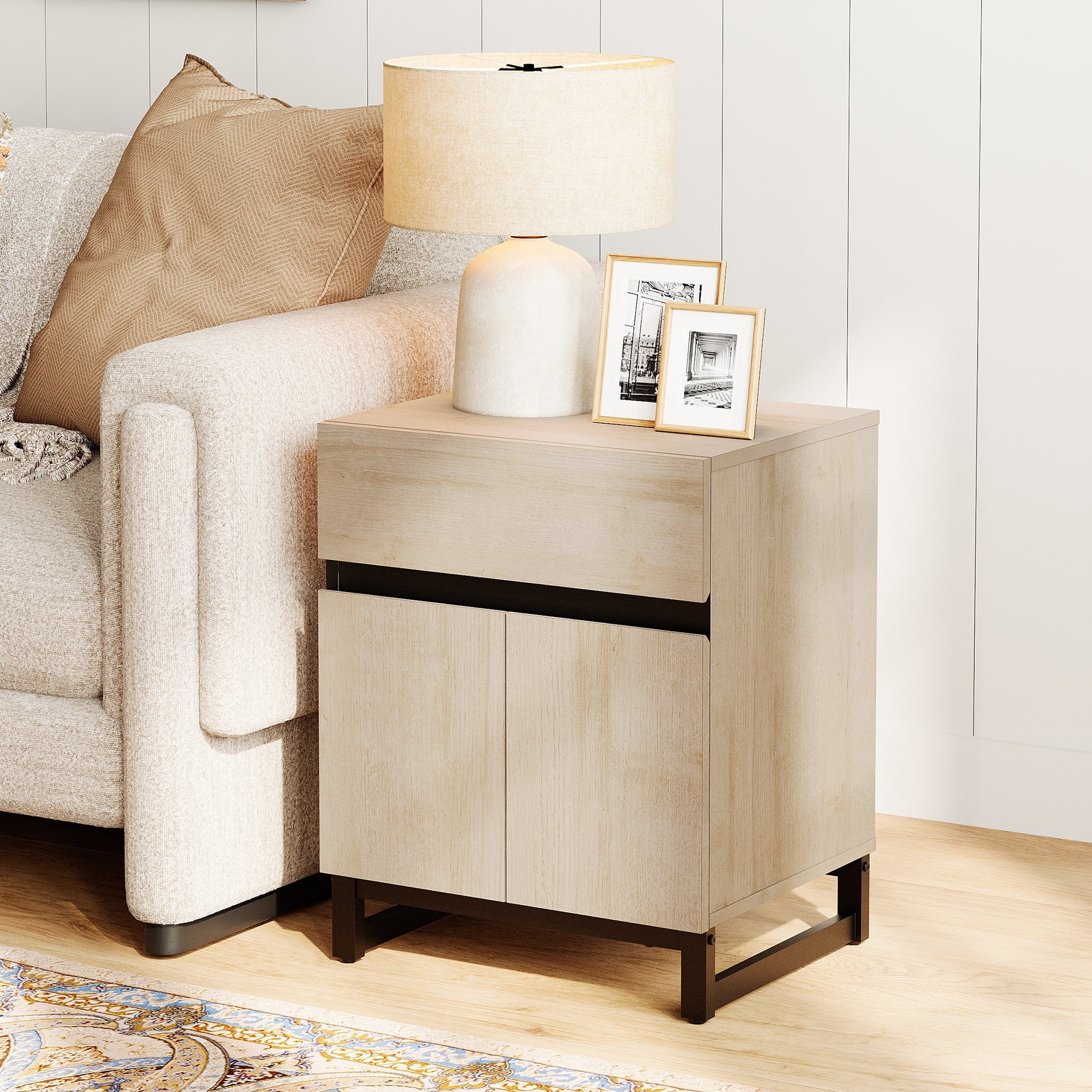 WAMPAT Nightstand with 1 Drawer and 1 Storage Cabinet, Modern Bedside Table with 2 Open Door for Bedroom, Wood Rustic Side End Table for Living Room, Light Oak