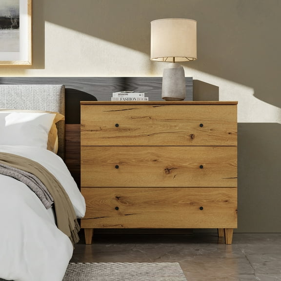 WAMPAT Nightstand with 3 Wide Drawers for Bedroom, Modern Wood Bedside Table Dresser Chest, Large Night Stand Sofa Side End Table for Living Room, Oak Brown, 35 Inches