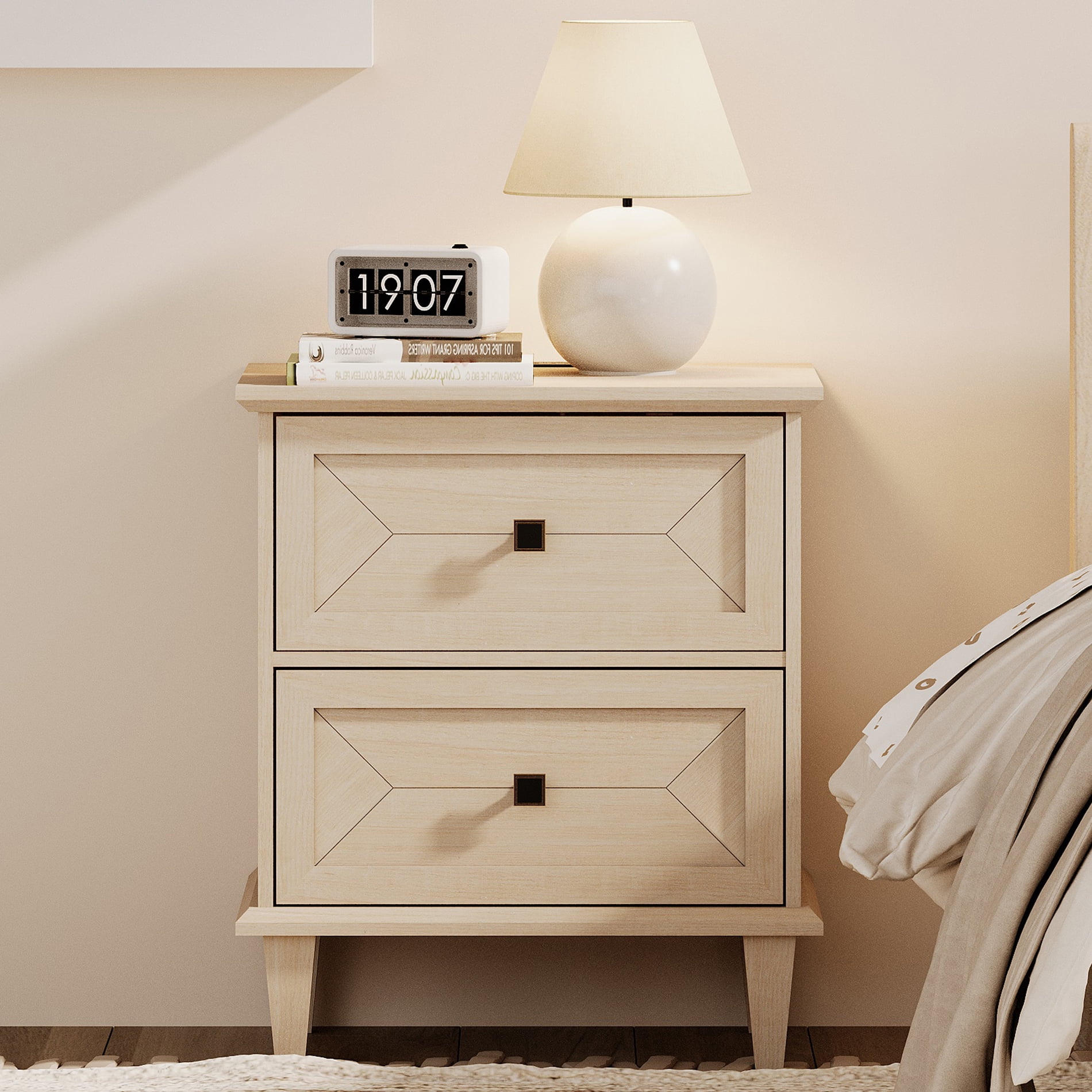 WAMPAT Nightstand with Charging Station, Modern Farmhouse Bedside Table with Storage Drawers & Solid Wood Legs, Beige End Table for Bedroom Living Room, Light Beige