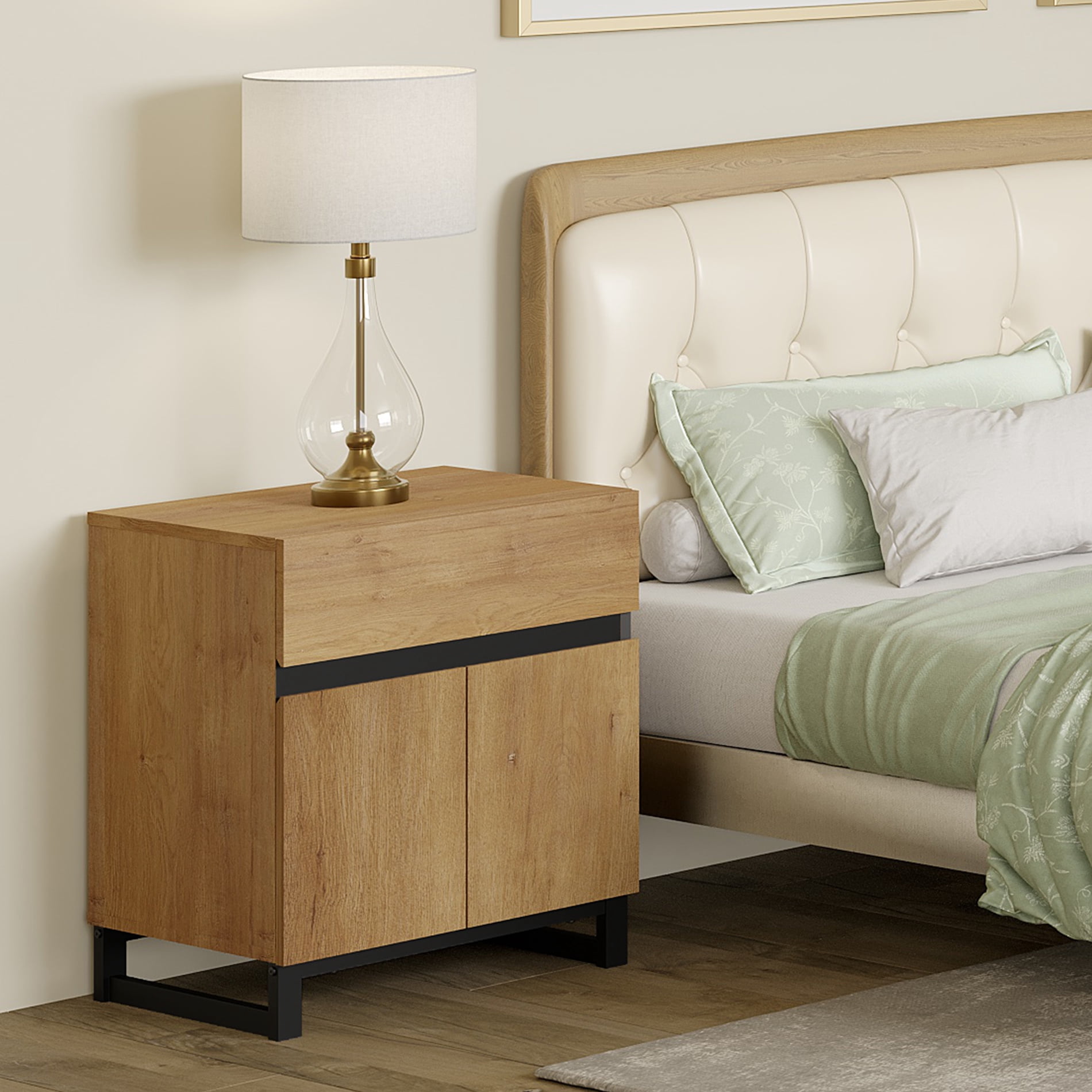 WAMPAT Nightstand with 1 Drawer & 1 Storage Cabinet, Modern Bedside Table with 2 Open Doors for Bedroom, Wood Rustic Side End Table for living Room.