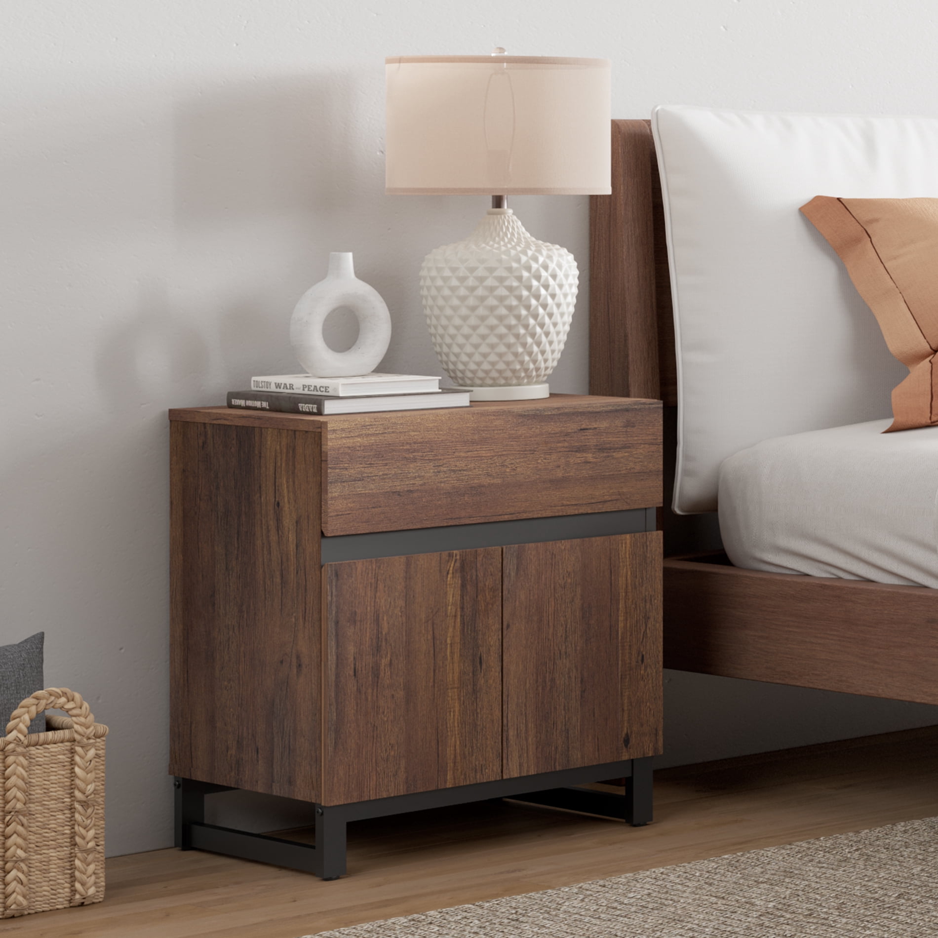 WAMPAT Nightstand with 1 Drawer & 1 Storage Cabinet, Modern Bedside Table with 2 Open Doors for Bedroom, Wood Rustic Side End Table for living Room.