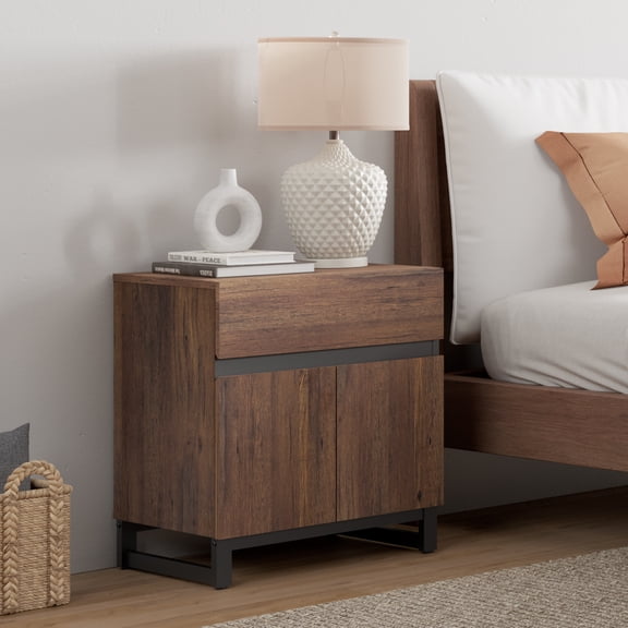 WAMPAT Nightstand with 1 Drawer & 1 Storage Cabinet, Modern Bedside Table with 2 Open Doors for Bedroom, Wood Rustic Side End Table for living Room.