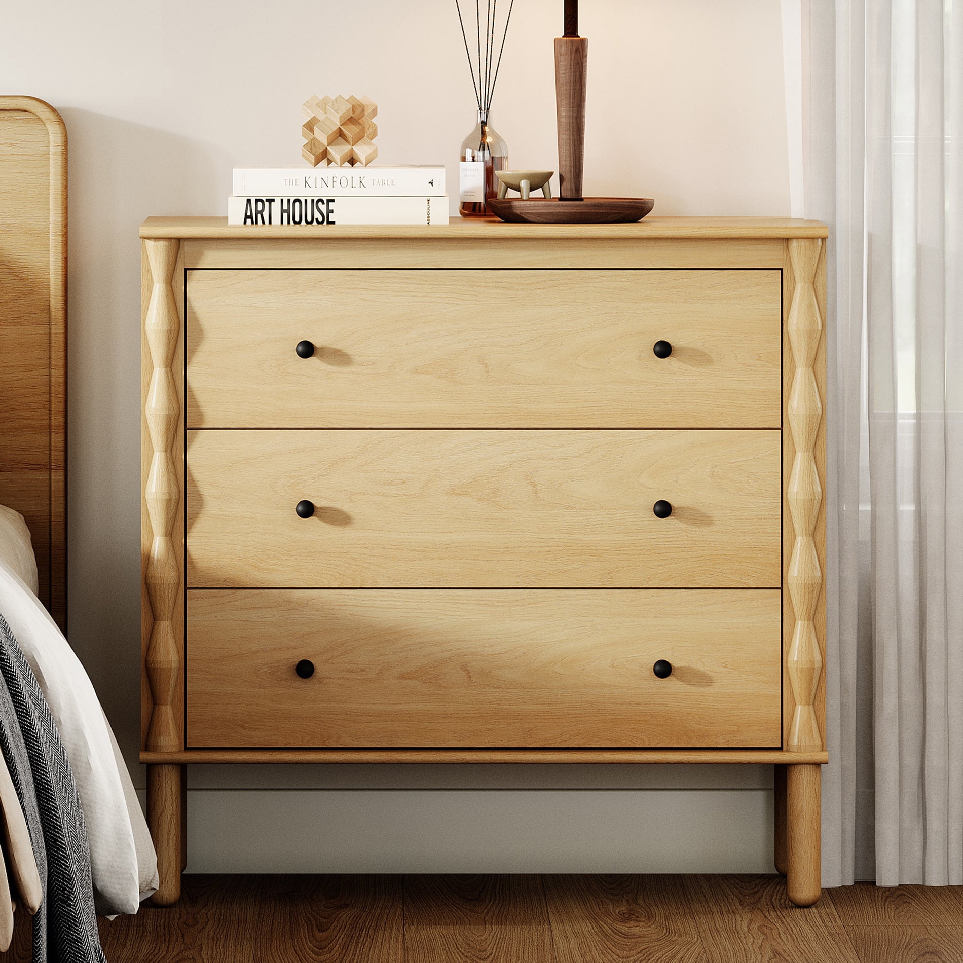 WAMPAT Nightstand with 3 Drawer，Solid Wood & Hand‑Carved Design Bedside Table for Bedroom,Oak