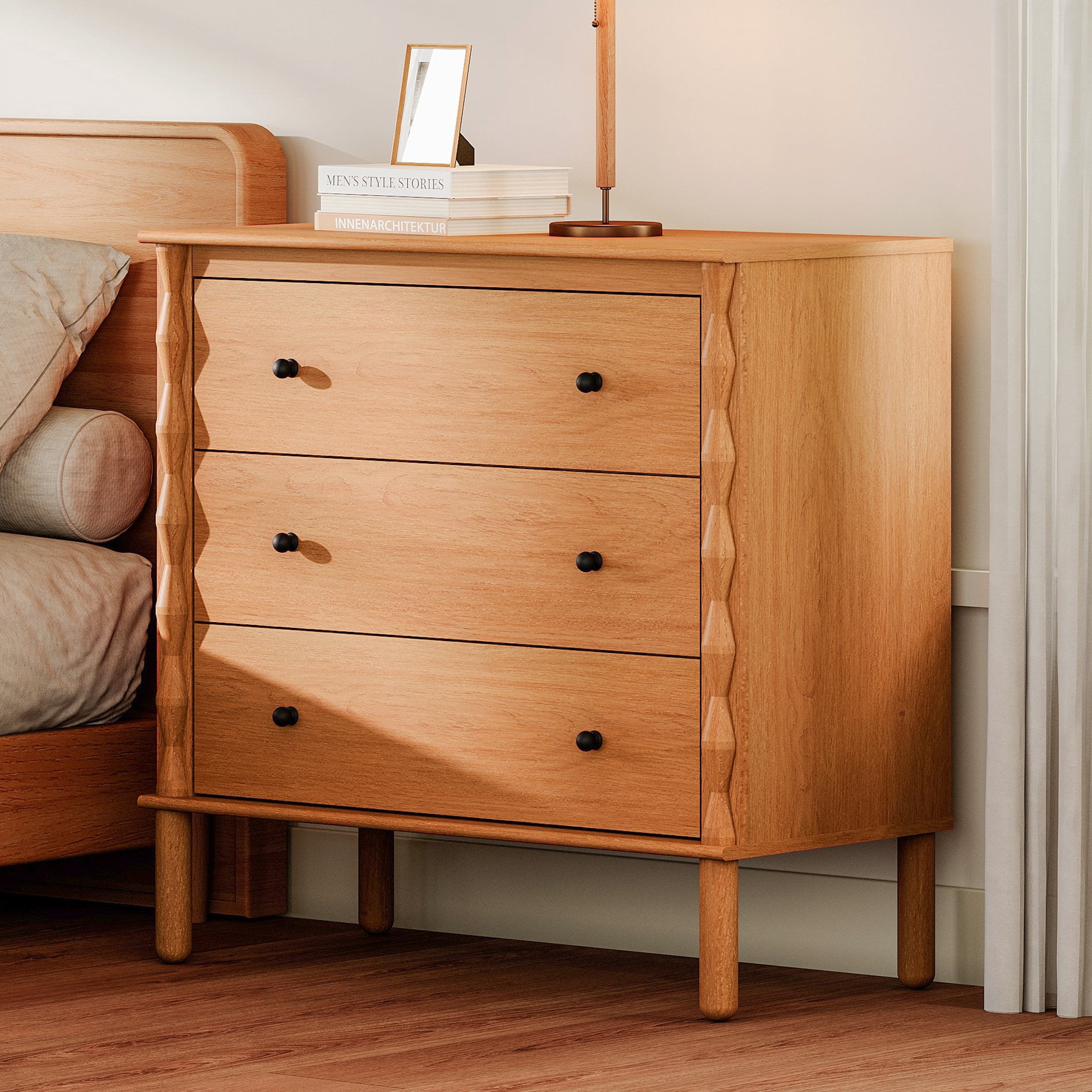 WAMPAT Nightstand with 3 Drawer，Solid Wood & Hand‑Carved Design Bedside Table for Bedroom,Walnut