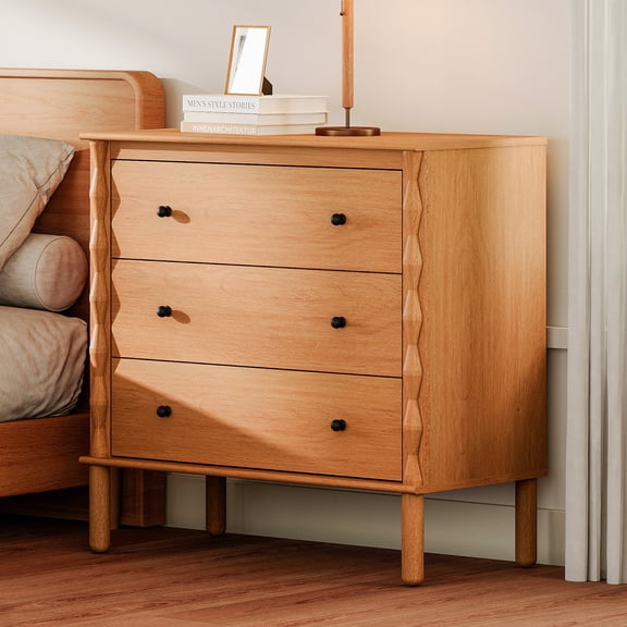 WAMPAT Nightstand with 3 Drawer,Solid Wood & Hand‑Carved Design Bedside Table for Bedroom,Walnut