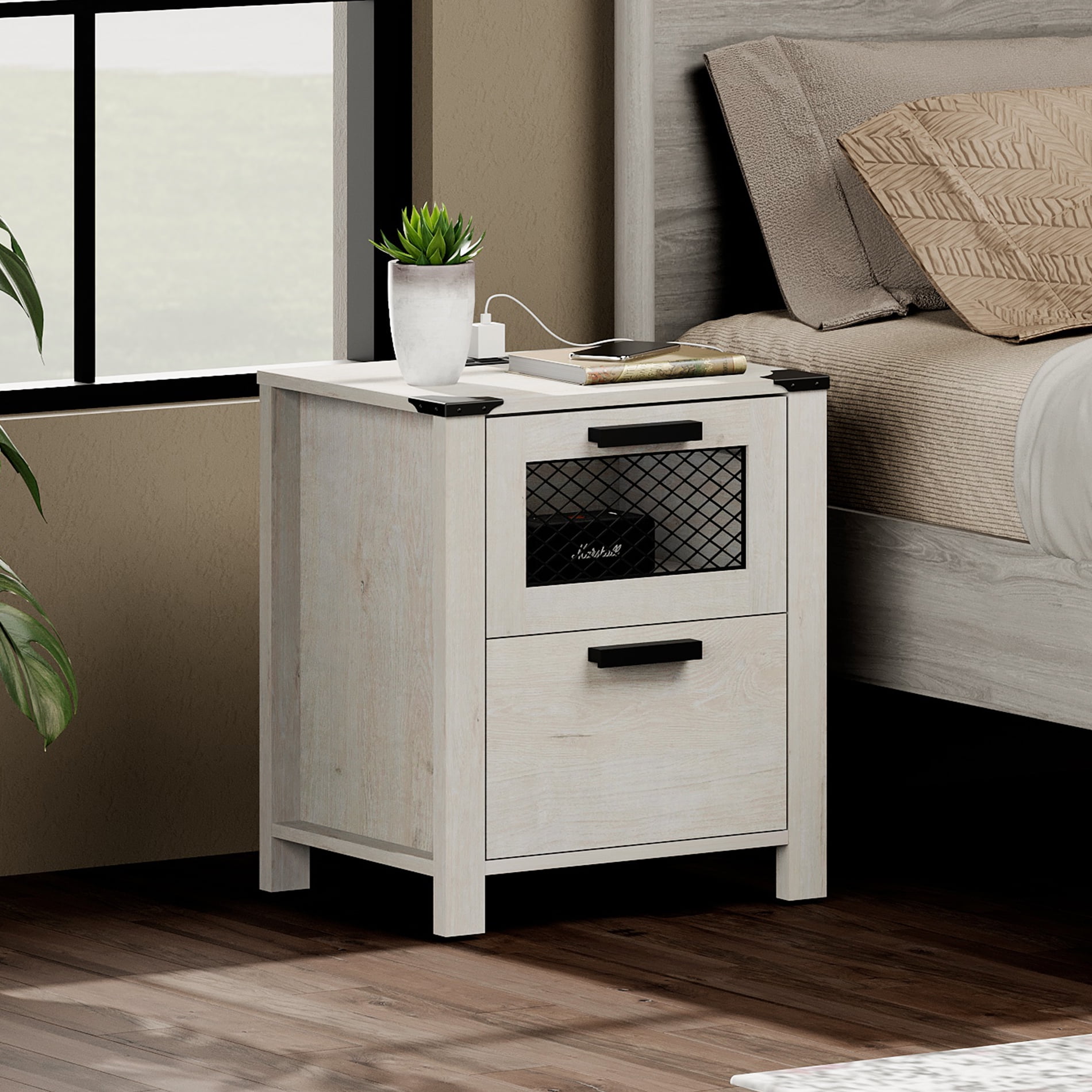 WAMPAT Nightstand with Charging Station,Farmhouse End Table with 2