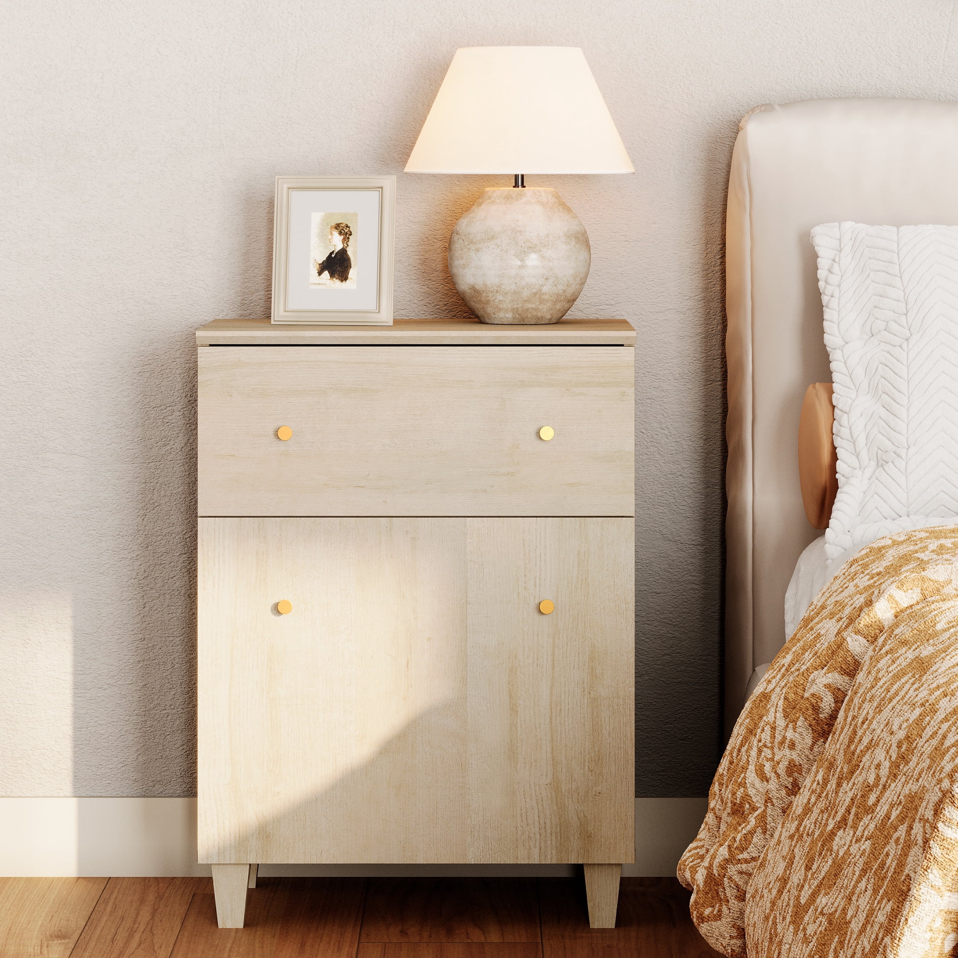 WAMPAT Nightstand with Drawer and Door, Modern Large Bedside Table with Adjustable Storage Shelf, Wooden Accent Cabinet for Bedroom, Natural Oak