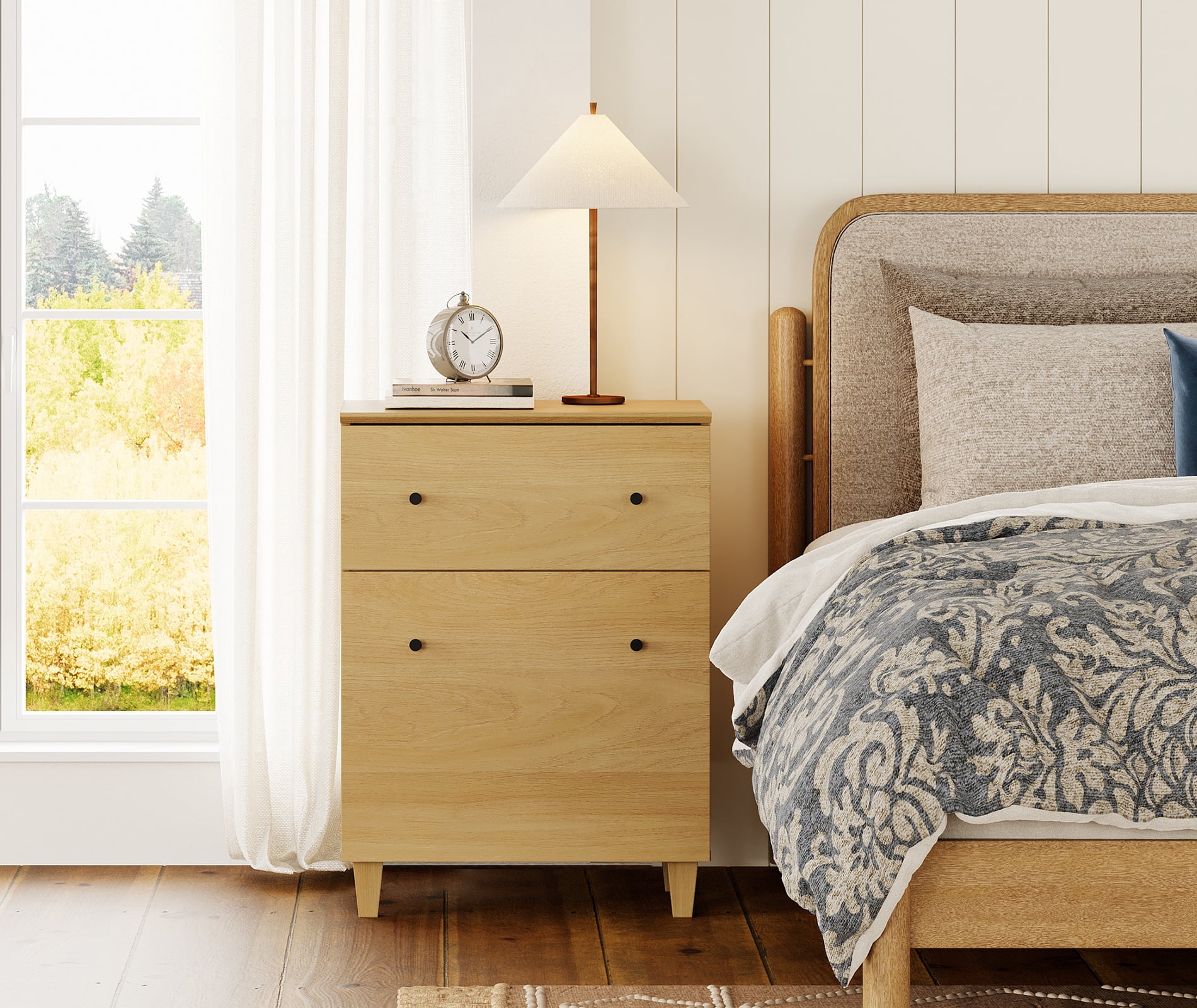 WAMPAT Nightstand with Drawer and Door, Modern Large Bedside Table with Adjustable Storage Shelf, Wooden Accent Cabinet for Bedroom, Oak Wood
