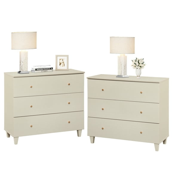 WAMPAT Nightstands with 3 Wide Drawers for Bedroom, Set of 2 Modern Wood Bedside Tables Dresser Chests, Large Night Stand Sofa Side End Table for Living Room, Beige Linen, 35 Inches