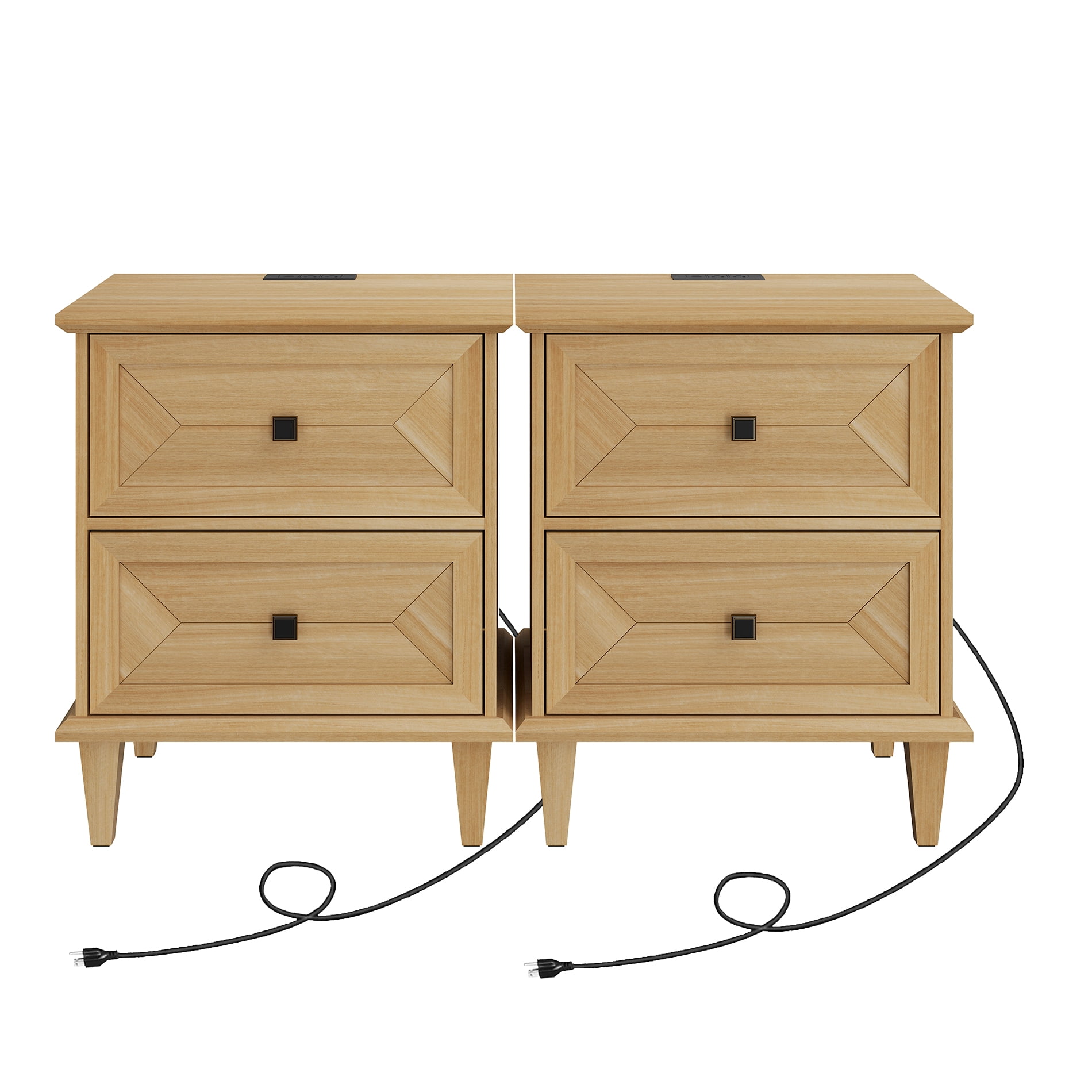 WAMPAT Nightstands Set of 2 with Charging Station, Farmhouse Wood Bedside Tables with Drawers & Solid Wood Legs, Rustic End Side Tables for Living Room, Natural